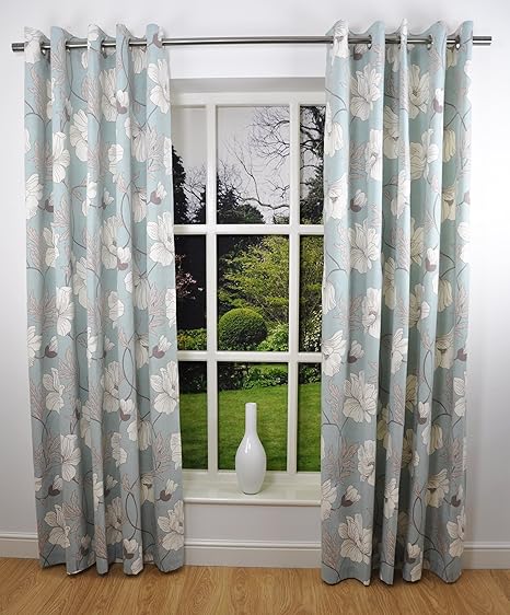 Delphine Floral Printed Eyelet Top Readymade Lined Curtains Duck