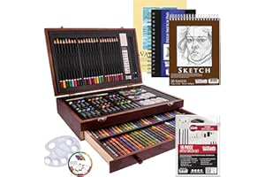 U.S. Art Supply 162-Piece Mega Wood Box Artist Kit with Painting, Drawing & Art Supplies for Adults - 24 Each (Watercolors, Oil Pastels, Pencils), 60 Crayons & 2 Brushes - Art Kit for Adults, Gift Set