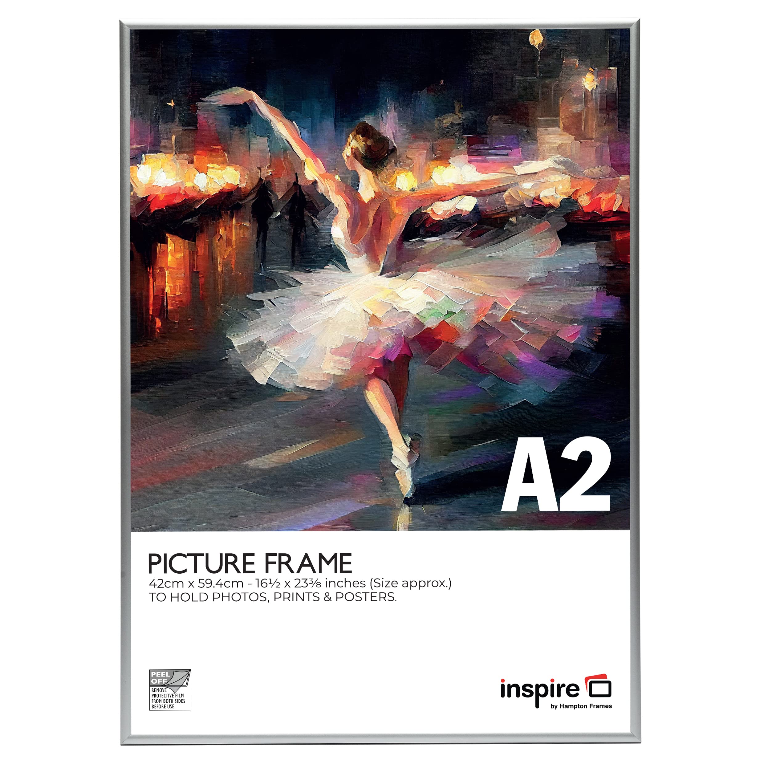 inspire by Hampton Frames | Poster Certificate Frame | A2 (42x59cm), Silver, Aluminium, Rectangular, Acrylic Front | Lightweight, Shatter-Resistant, Easy to Hang | Modern Display Solution