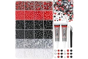 RODAKY 9000PCS Rhinestone Pearls for Bedazzling Red Black White Flatback Gems Half Pearls for Crafting Diamond Making Kit Clo