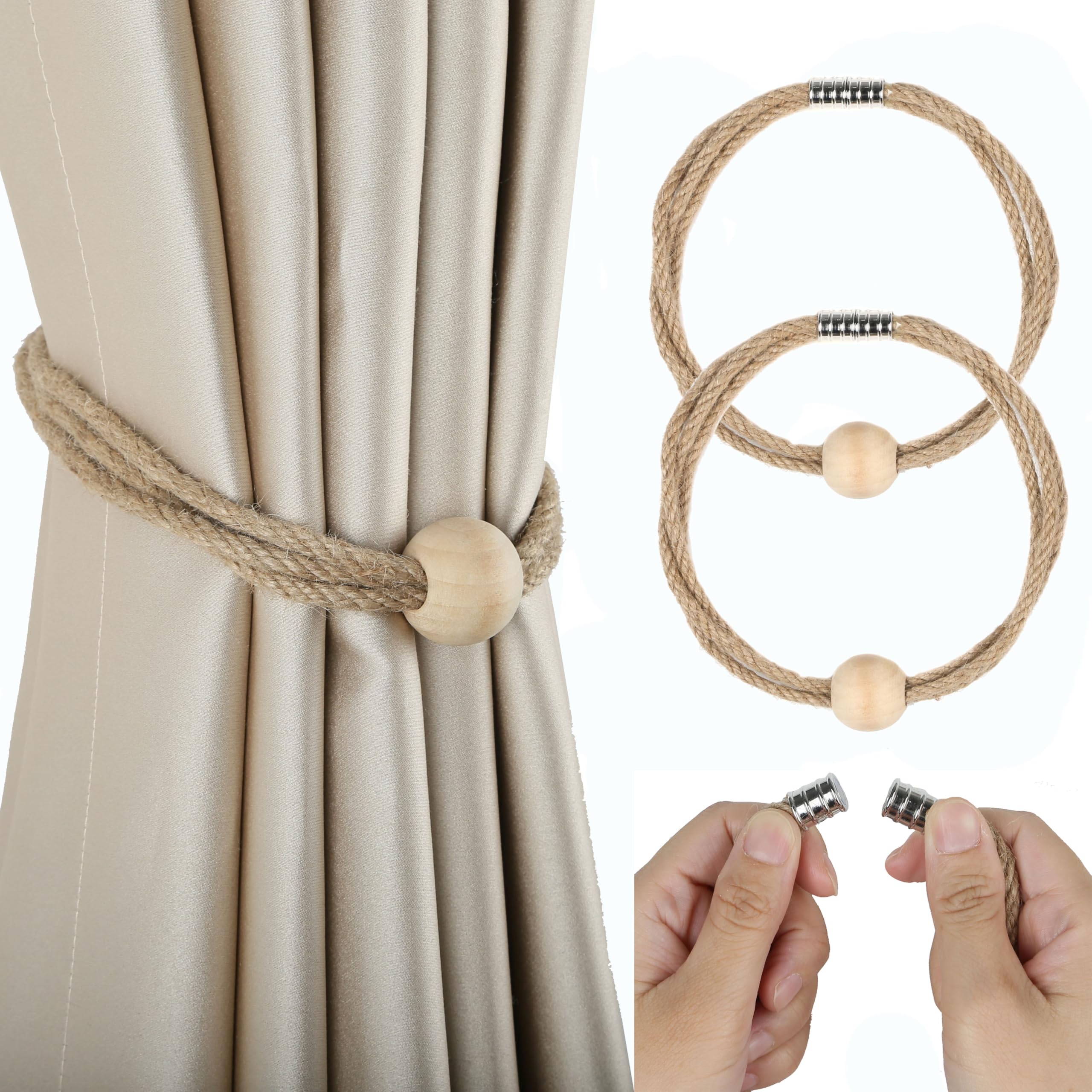 Photo 1 of BEL AVENIR Jute Magnetic Curtain Tiebacks, Wood Bead Curtain Holdbacks for Window Drapery, Boho Farmhouse Curtain Tie Backs, Woven Curtain Ties Holder Rope Home Decor (2, Jute-1 Bead)