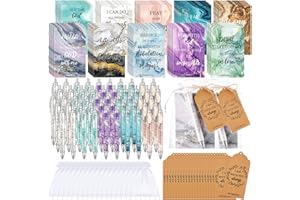 Qeeenar 200 Pcs Christian Gift Sets Church Bible Verse Gift Bulk Include 50 Scripture Notebooks 50 Scripture Pens 50 Thanks Tags 50 Organza Bags for Women Christian Party Gifts(Elegant Color,Marble)