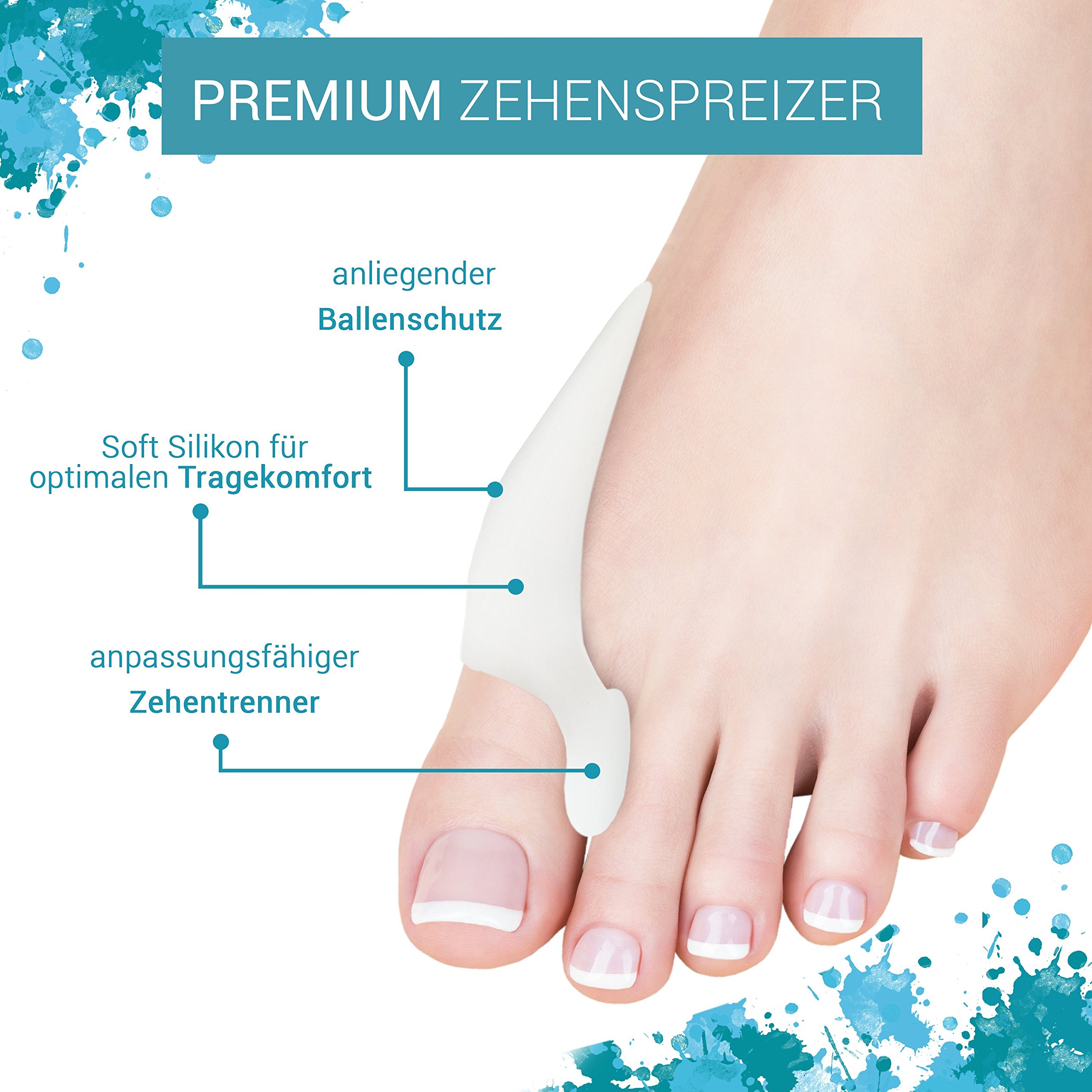 6x Separador de Dedos Pie Hallux Valgus de PURAVA - Con Caja de Transporte Higiénica - Confort Óptimo Gracias a la Innovadora Silicona de Gel Suave - sin BPA - 1 año de Devolución de Dinero - Tamaño Universal