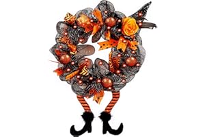 yosager Halloween Wreaths, Halloween Decorations Witch Hat and Legs Wreath, Lighted with 30 LED Orange Lights, Front Door Wall Light up Wreath Ornaments Holiday Party Thanksgiving Decor