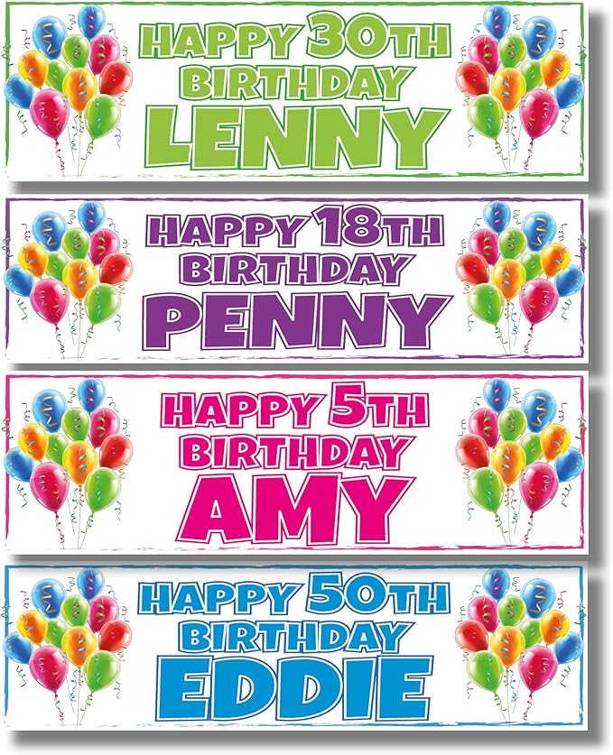 2 Personalised Birthday Banners Balloon Side Design Any Name & Any