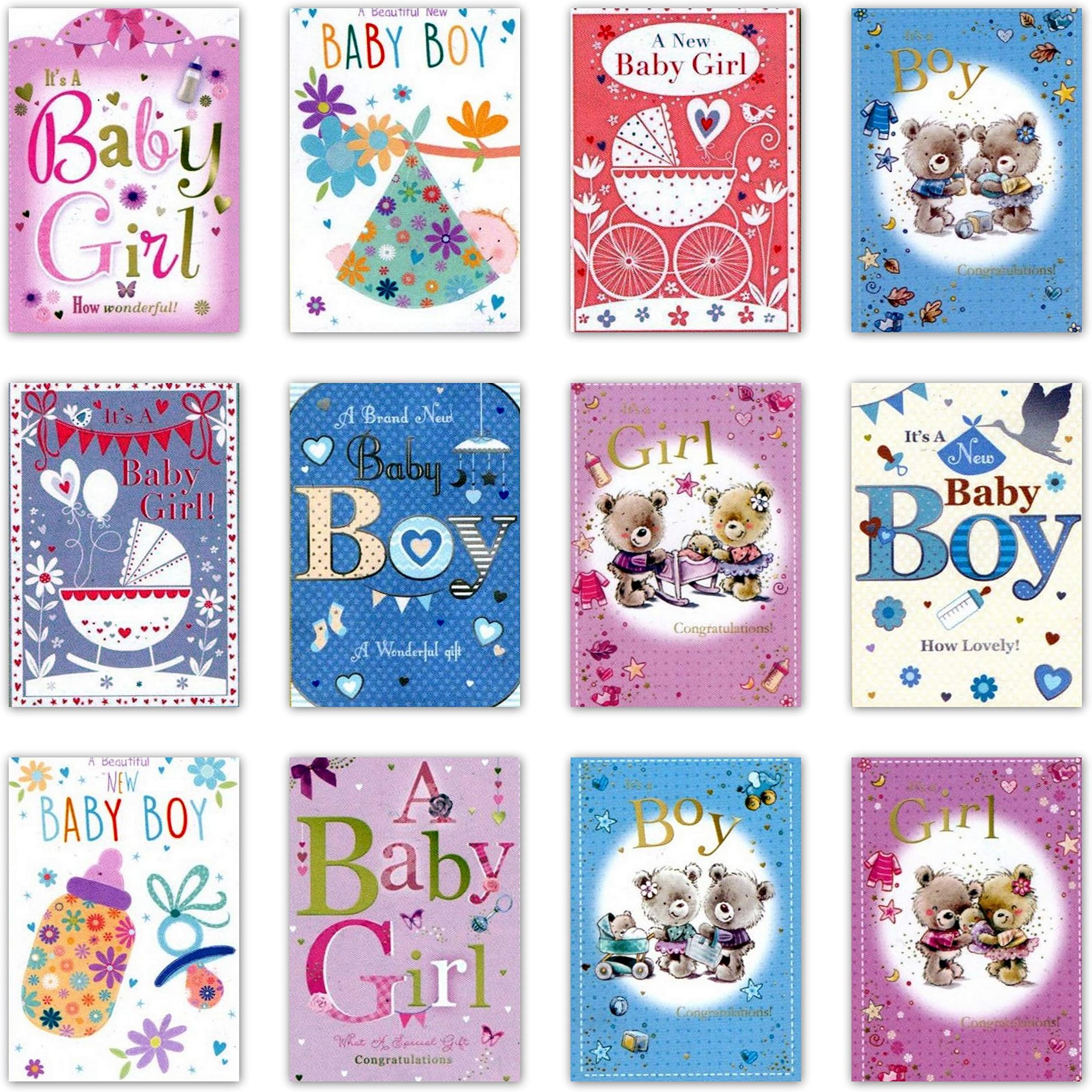 12 Various New Baby Greeting Cards. Assorted Boy & Girl. Greetingles Mixed Pack
