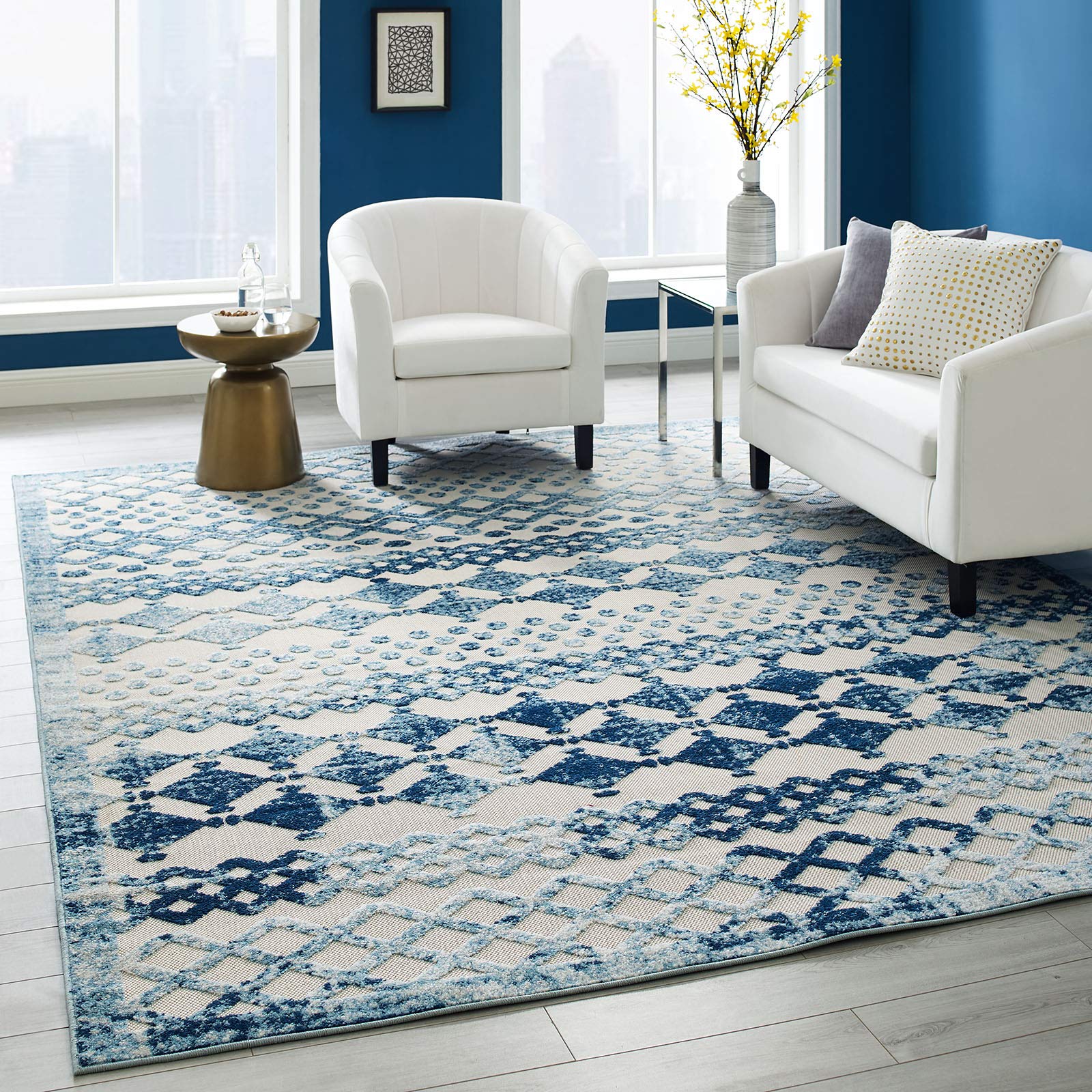 ModwayReflect Giada Distressed Vintage Abstract Diamond Moroccan Trellis 8x10 Indoor and Outdoor Area Rug, 8 ft x 10 ft, Ivory and Blue