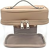 JAZD Clear Makeup Bag Toiletry Bag for Women Cosmetic Large Capacity Travel Make Up Bag Organizer Transparent Train Case TSA Approved (BEIGE)