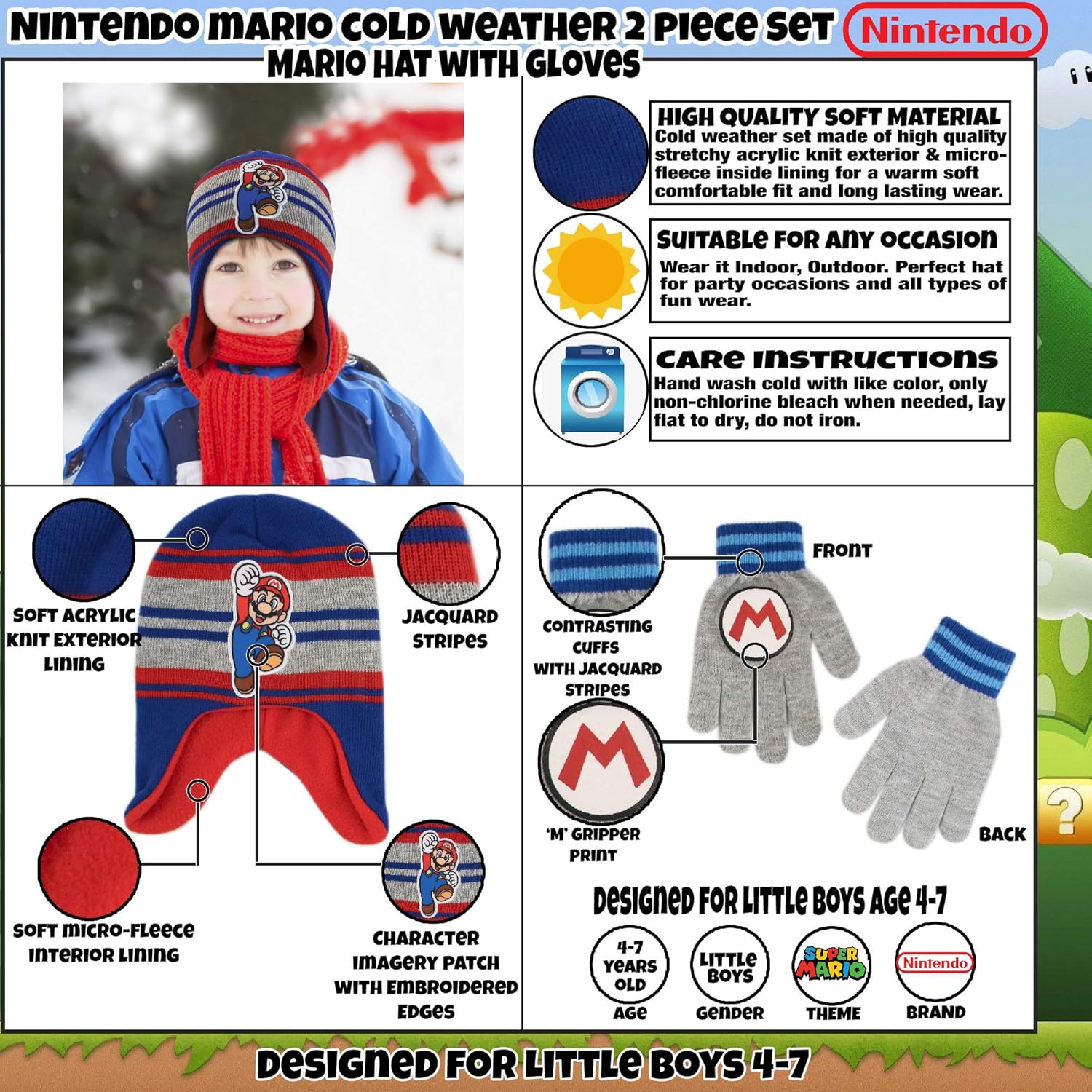 Nintendo Boys' Little Super Mario Hat and Gloves Cold Weather Set, Age 4-7: Clothing
