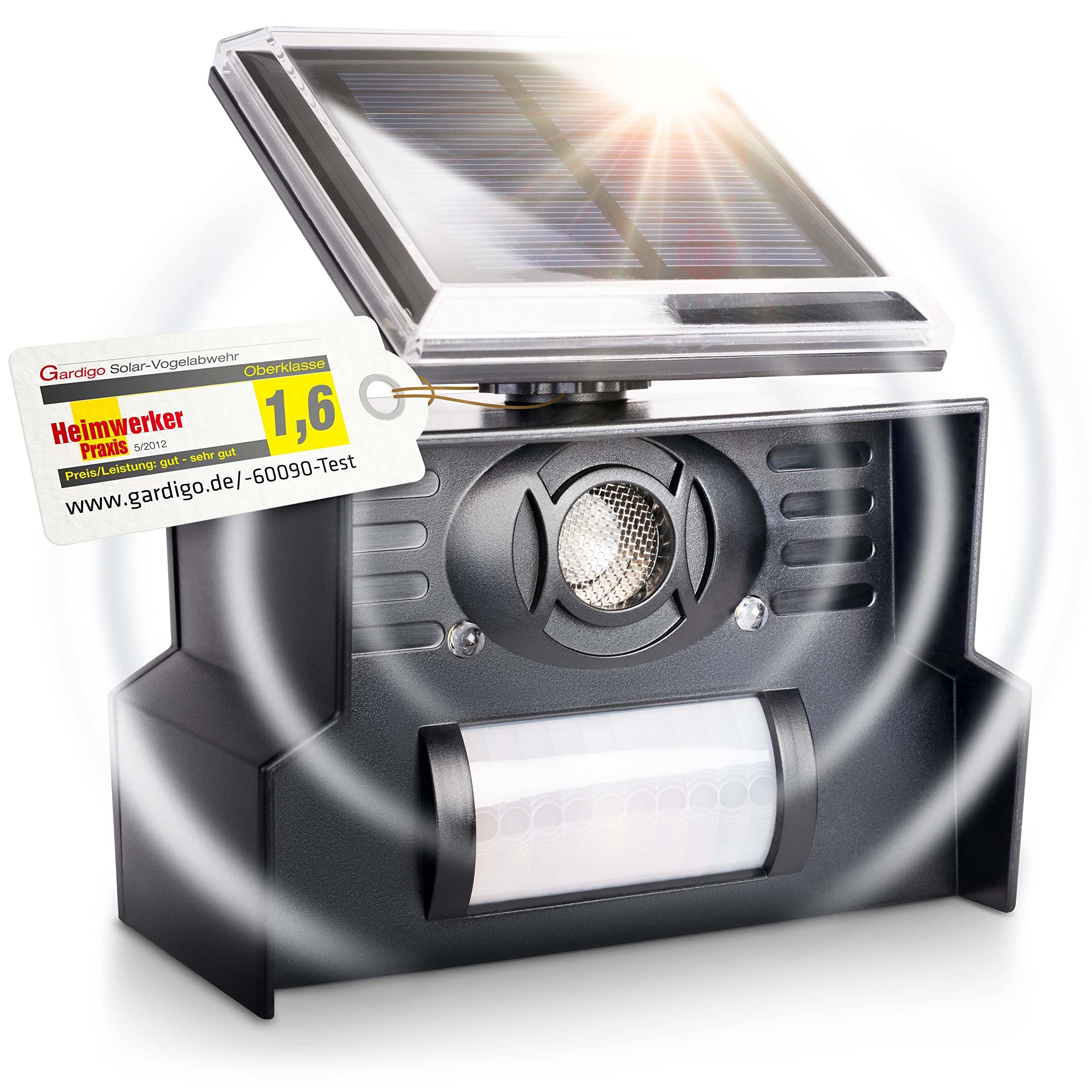 GARDIGO Bird Repellent Ultrasonic Solar I Electronic Scarecrow with Ultrasonic & LED Flash I 23-50 kHz I 110° & 7 m Range I Bird Deterrent for Home Balcony & Garden I Pigeon Repellent