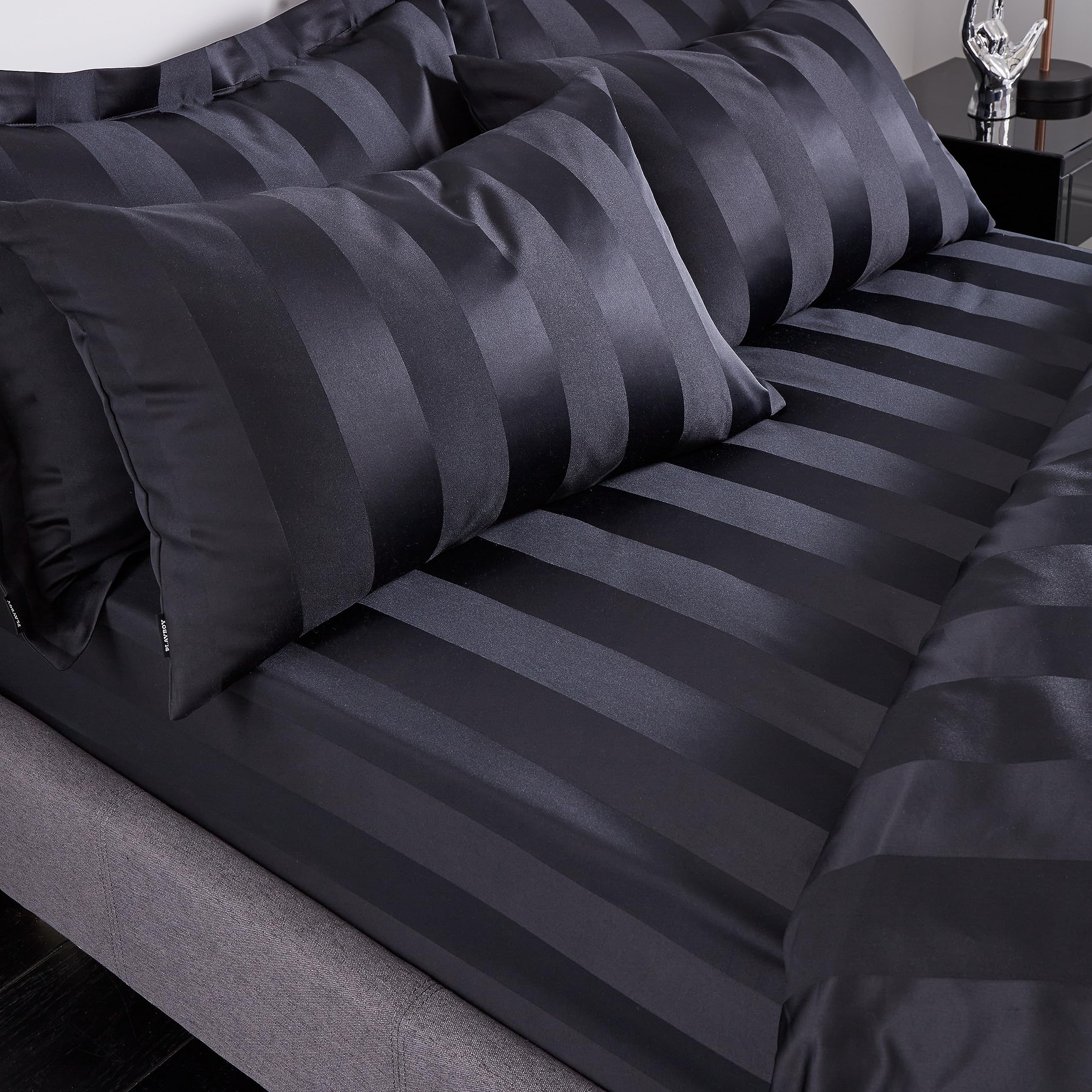 Playboy Soft Satin Stripe Super King Fitted Sheet Black