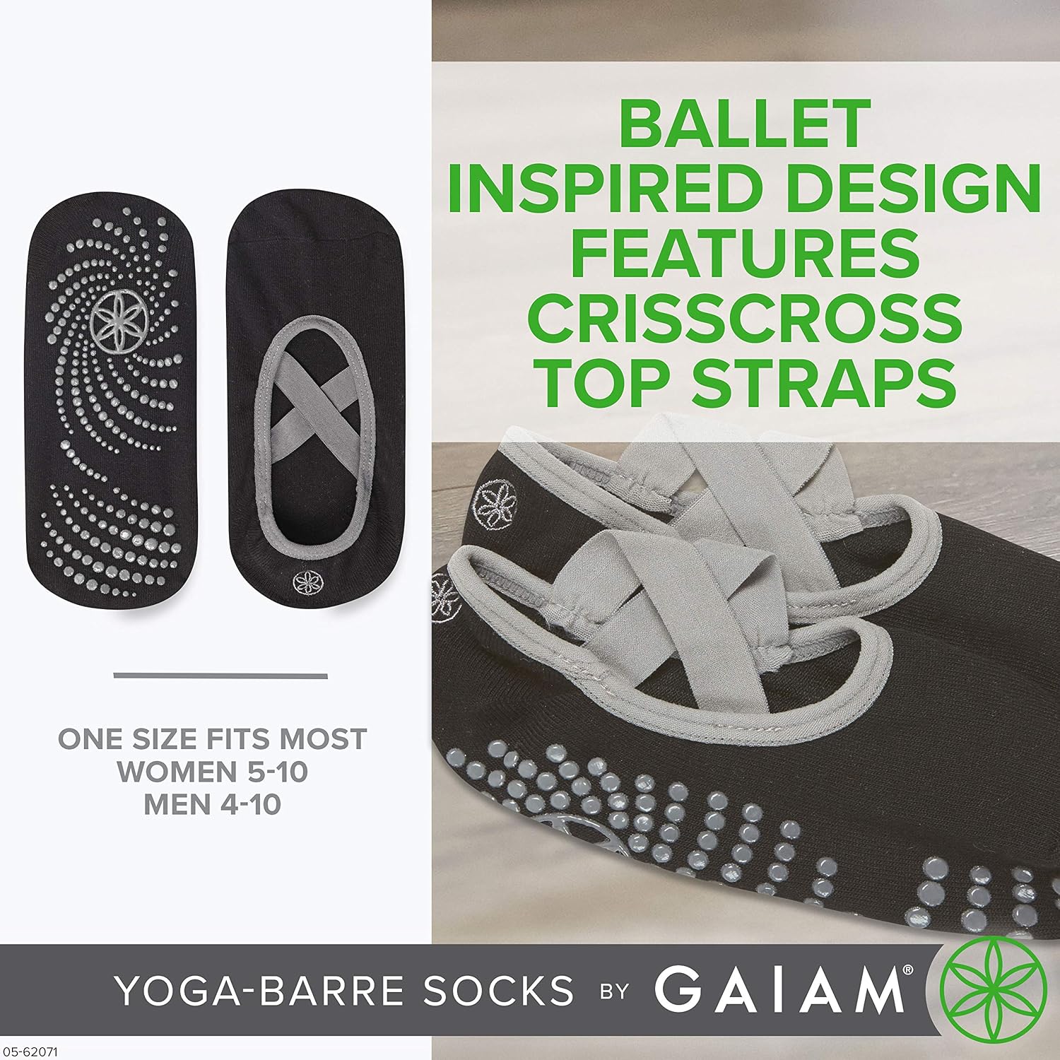 Gaiam Grippy Barre Socks for Extra Grip in Standard or Hot Yoga, Barre, Pilates, Ballet or at Home for Added Balance and Stability, Black/Grey : Clothing