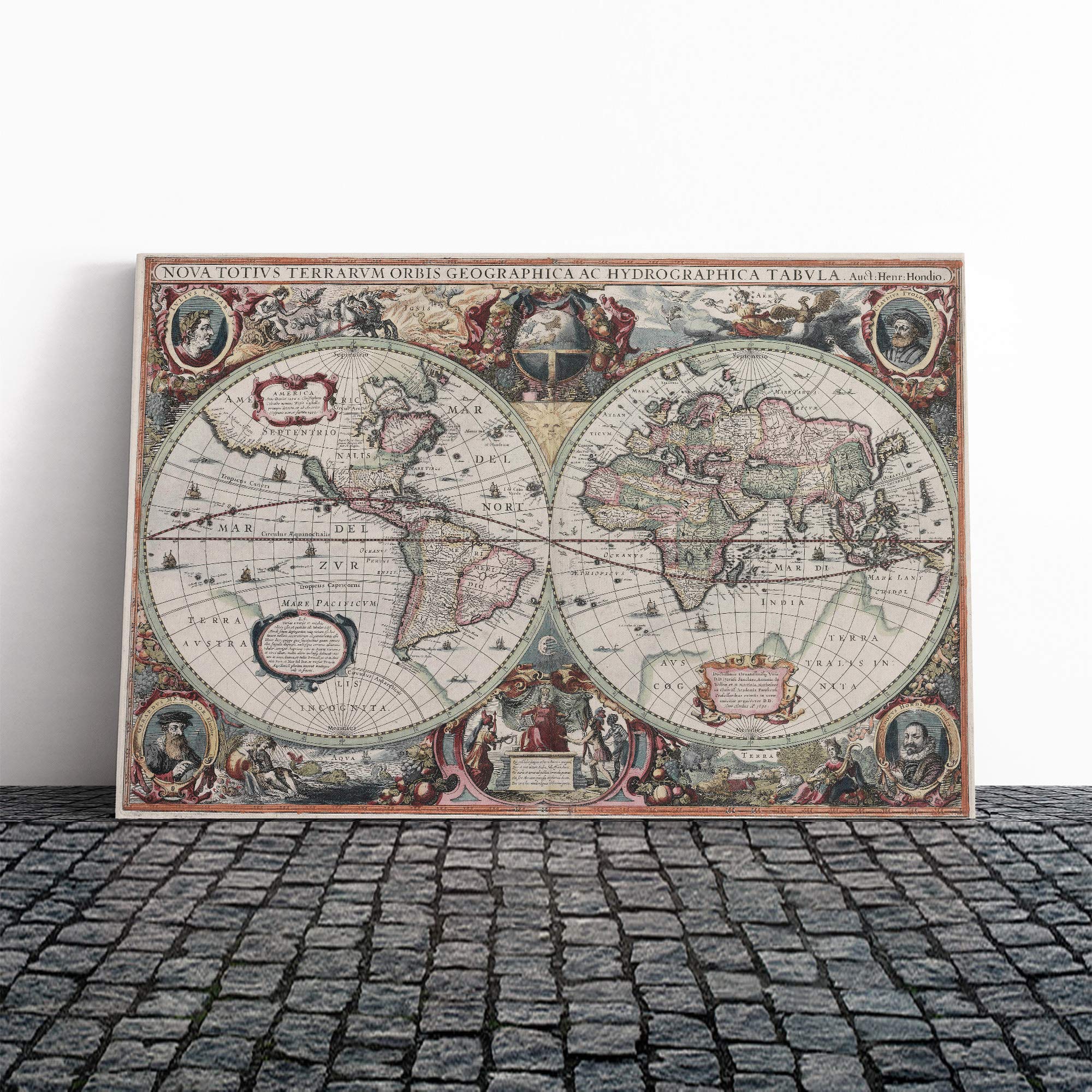 Henricus Hondius II-Vintage World Map Canvas Print | Gallery Wrapped 30mm Frame Wall Art | 20x14 inches | Ready to Hang | Classic Maps Picture | Living Room Bedroom Lounge Office