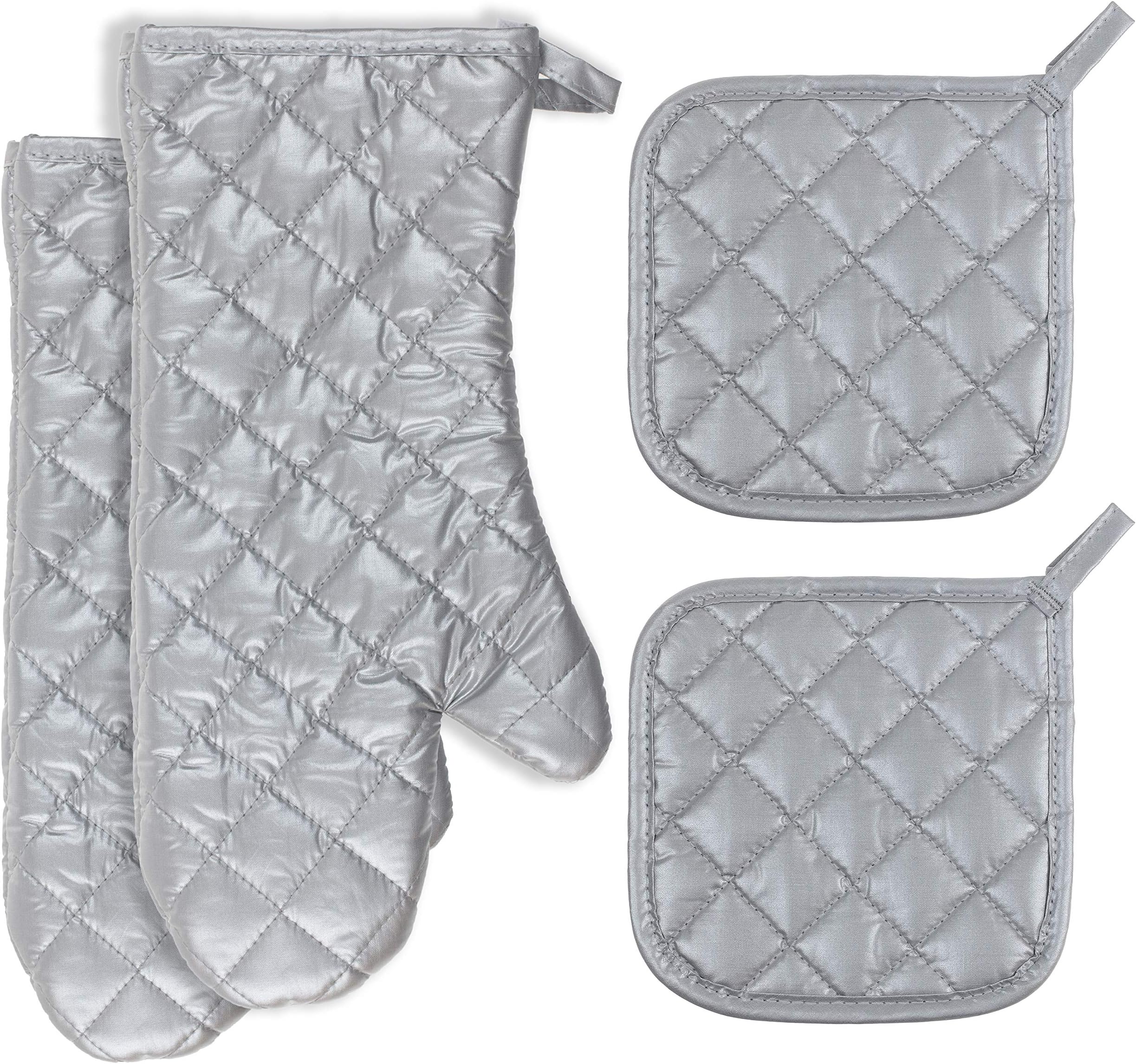 Buzhan Oven Mitts and Pot Holders Sets,1 Pair of Quilted Cotton Lining Oven Mitts and 2pcs Set Cotton Pot Holders