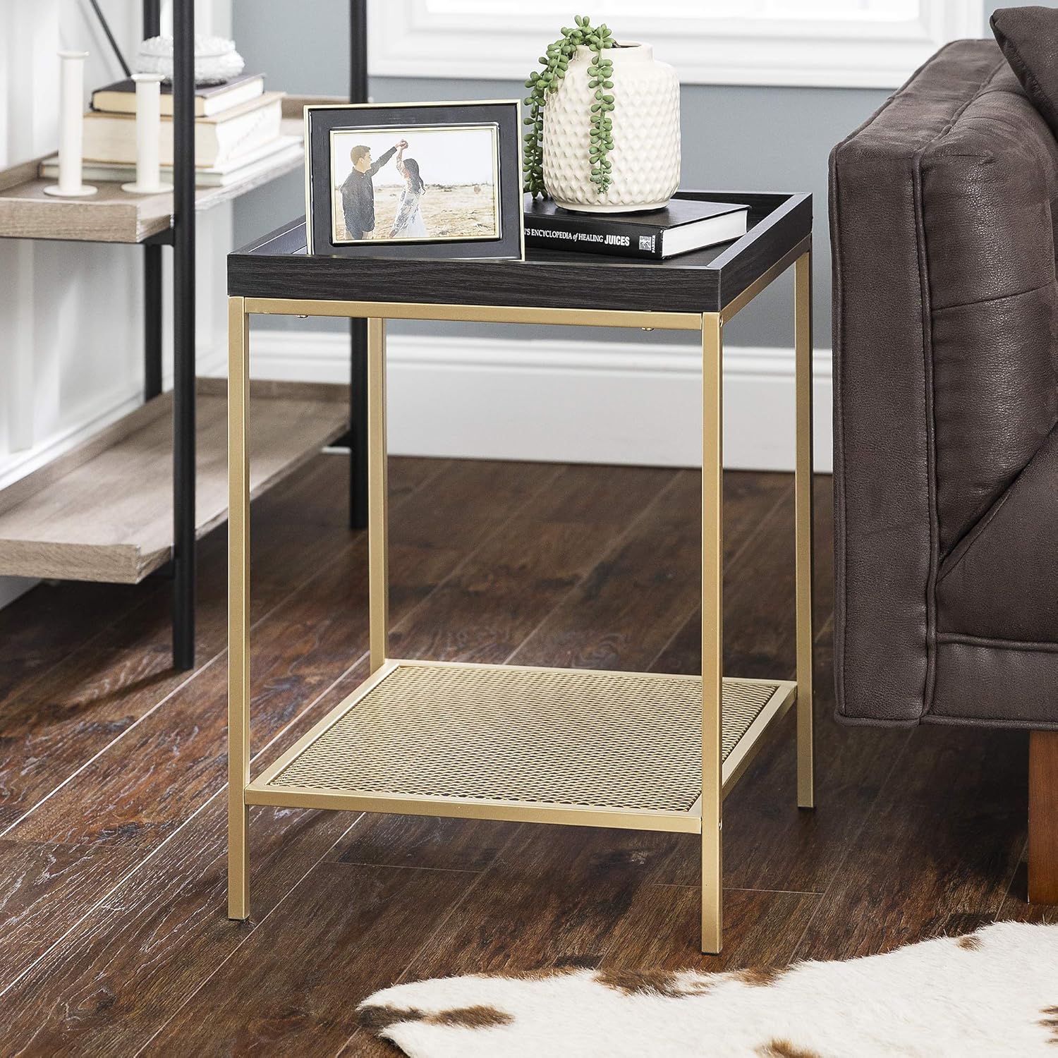 Walker Edison Industrial Farmhouse Metal Frame Square Side Accent Set Living Room Storage Shelf End Table, Graphite Grey/Gold