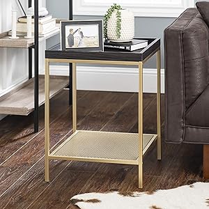 Walker Edison Industrial Farmhouse Metal Frame Square Side Accent Set Living Room Storage Shelf End Table, Graphite Grey/Gold