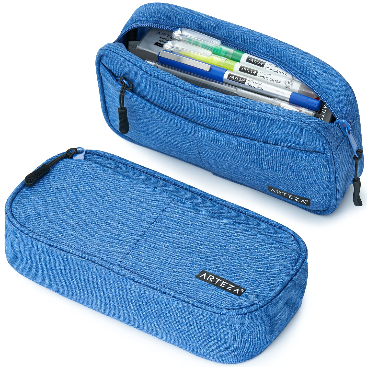 ARTEZA Pencil Case, Blue Pencil Pouch with Zip Closure and Outer Pocket, School Supplies for Students and Teachers