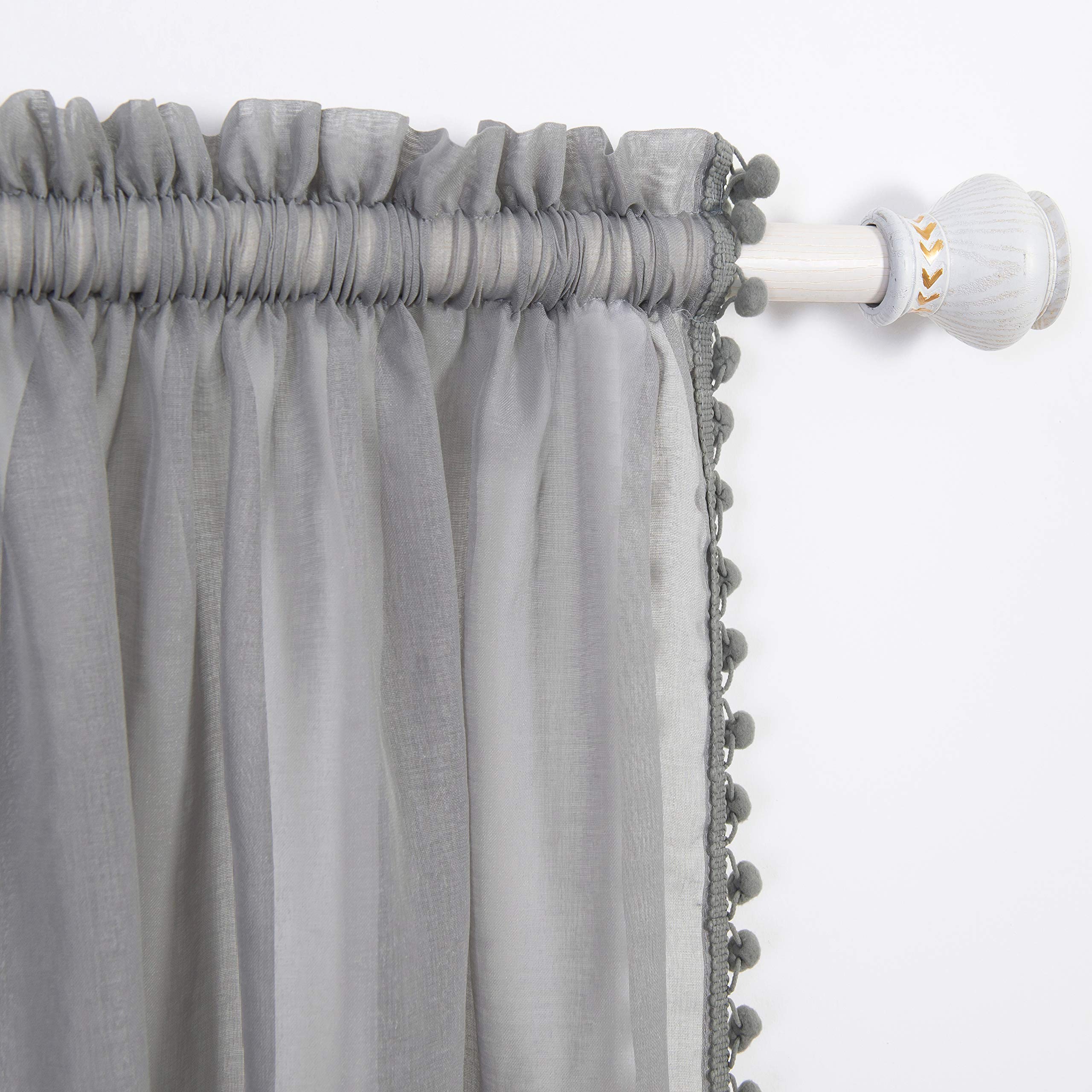 Elegant Comfort Semi-Sheer Pom Pom Tassels Curtains - 2 Panels Set - with 2inch Rod Pocket - Solid Sheer Curtain Drapes for Living Room, Bedroom, W60 X L84, Gray