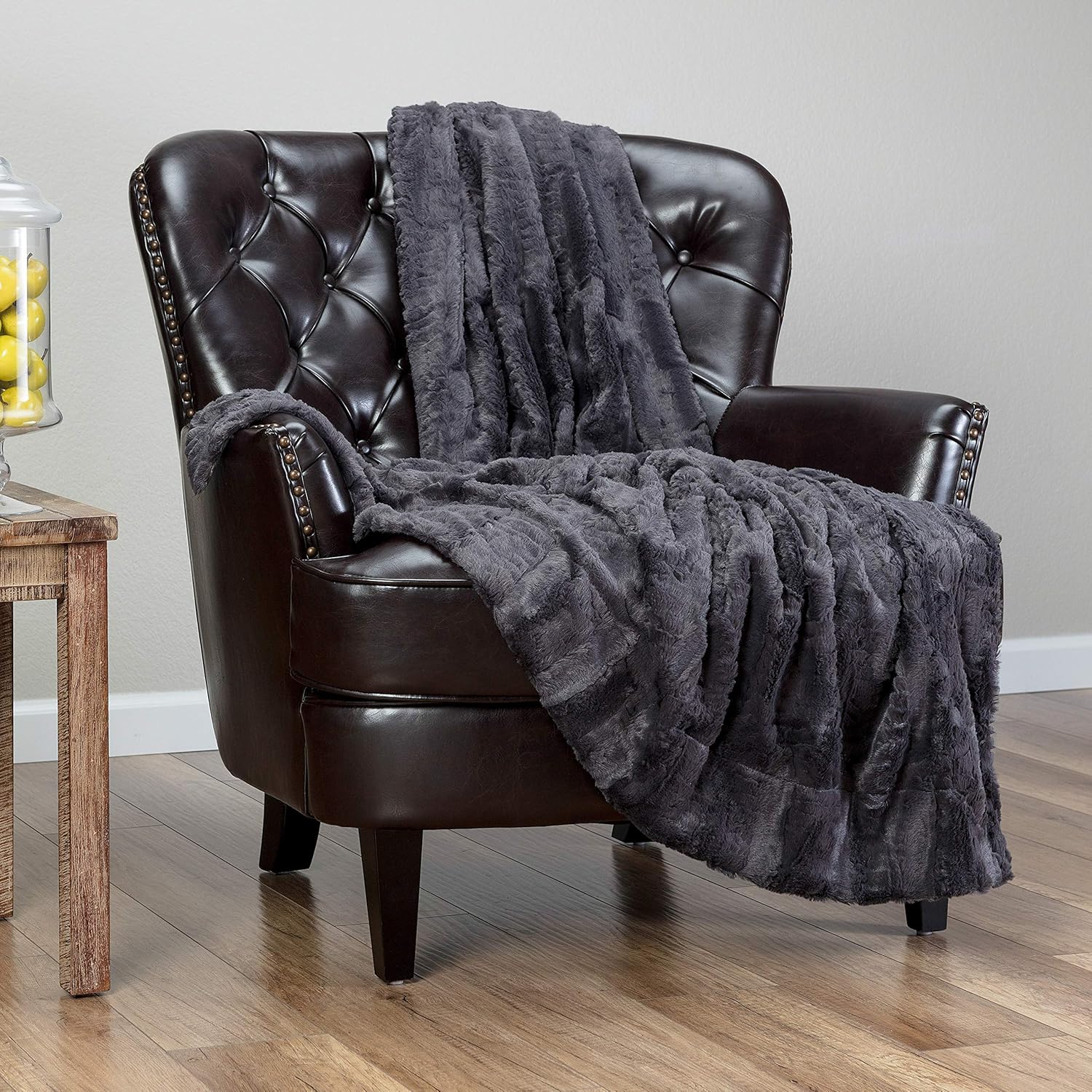 Chanasya Fuzzy Faux Feather Fur Throw Blanket - Reversible Soft Elegant Ruffle Front and Micro Mink Back Chick Blanket for Bed Couch Room (50x65 Inches) Charcoal Gray