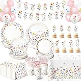 Kinovo 202PCS Wildflower Party Decorations Set with Banner, Balloons, Plates, Cups, Napkins, Tablecloth & Cutlery - Floral Baby Shower Birthday Supplies for 24 Guests