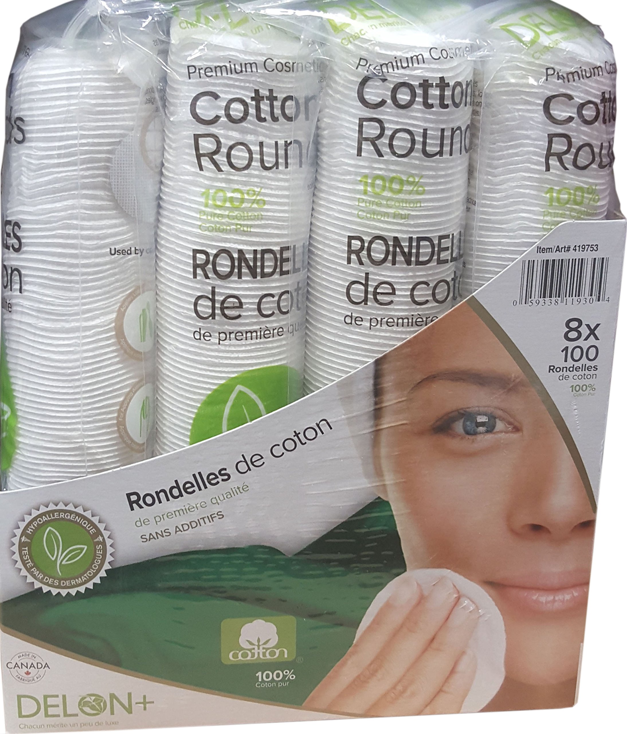 Delon Premium Facial Cleansing Cotton Rounds - 8 x 100 Count Stack