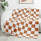 Exclusivo Mezcla Checkered Throw Blanket, Super Soft and Warm Fluffy Fleece Blanket for Couch, Sofa, Bed, Cute Plaid Pattern, Coral Orange, 50" x 60"