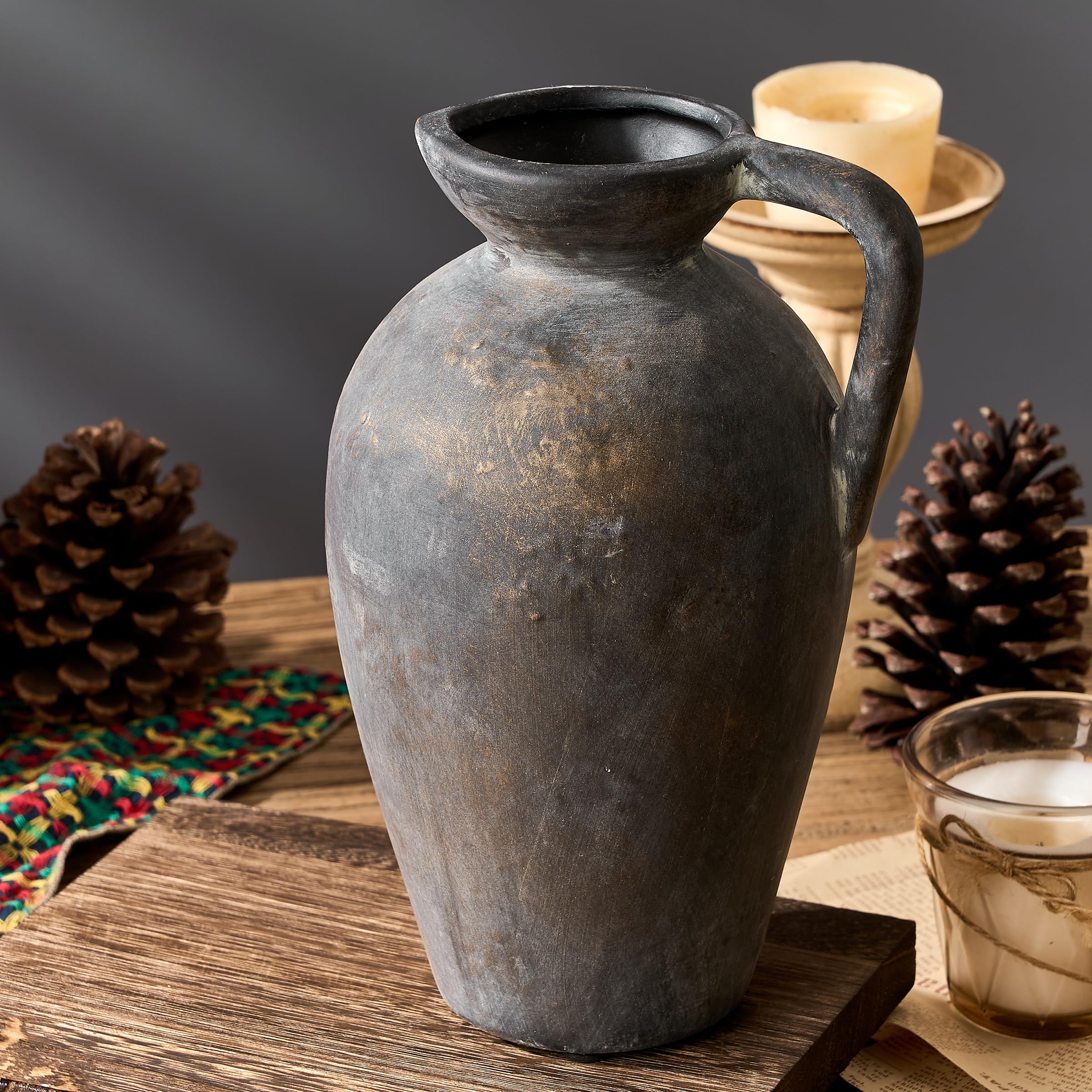 PORCER Antique Rustic Ceramic Vase, 9.3 Inch Tall Large Terracotta Vase with Handle, Vintage Farmhouse Pottery Vase for Home Decor, Living Room, Entryway, Wedding, Thanksgiving - Black Bronze