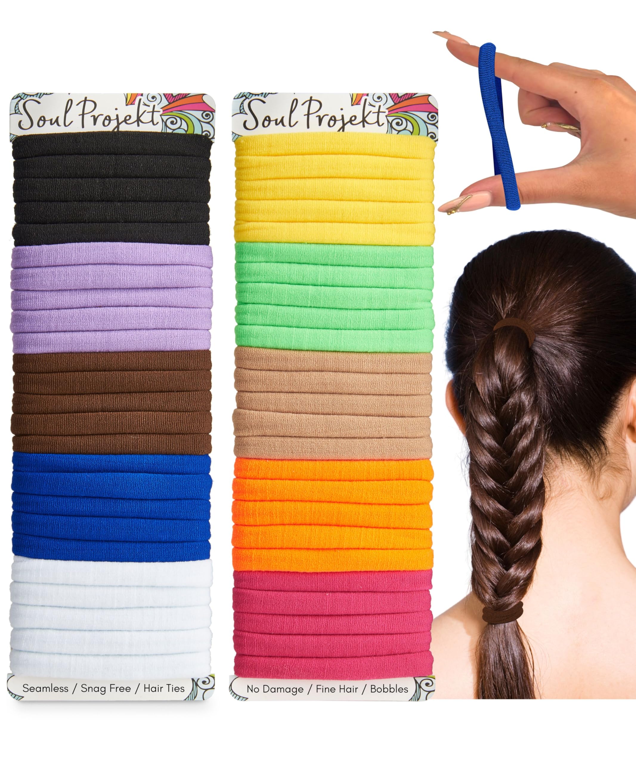 Soul Projekt Thick Multi Colour Hair Bobbles 50 Pack 8mm, Hair Bands for Girls, Ladies Bright Hair Band, School Hair Accessories, Snag Free Hair Tie