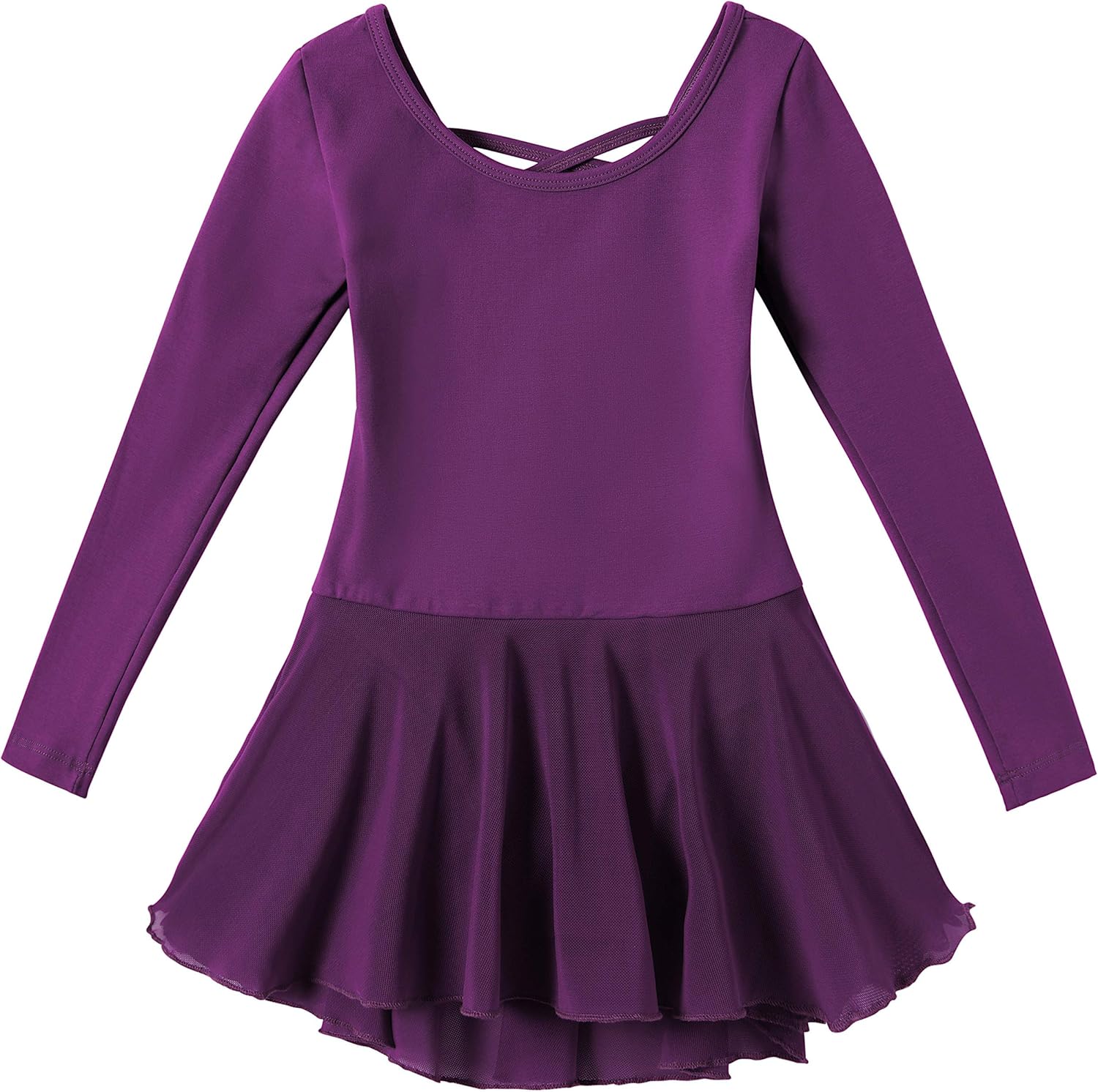 Girls Long Sleeve Dance Ballet Leotard Dress with Graceful Cross Back & Attached Skirt: Clothing