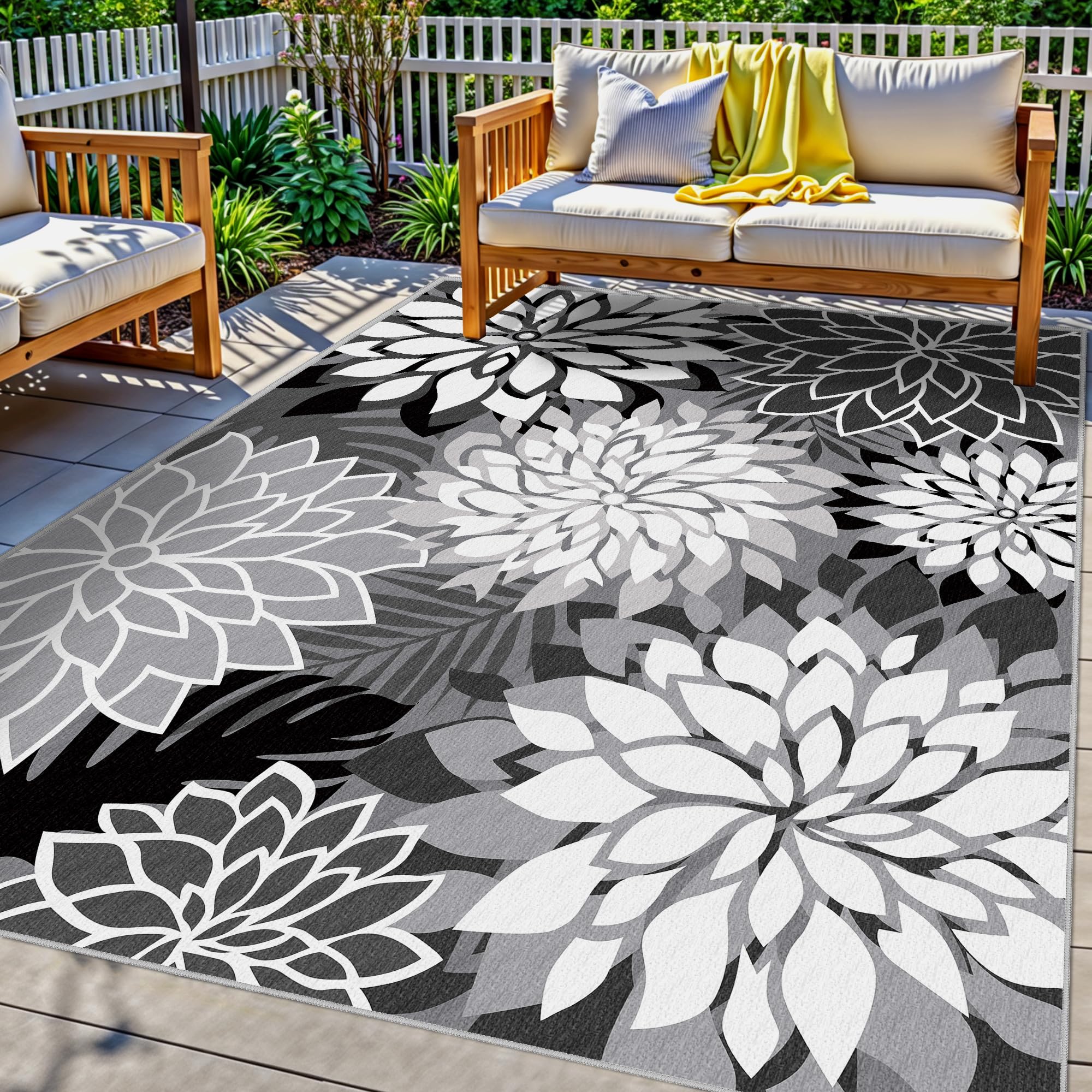 Photo 1 of Arenarug Indoor Outdoor Area Rug Washable Multicolored Rug Tropical Botanical Modern Floral Indoor Outdoor Carpet Black White Rug Non Slip Non Shedding for Patio, Deck, Backyard, Porch (6x9)
