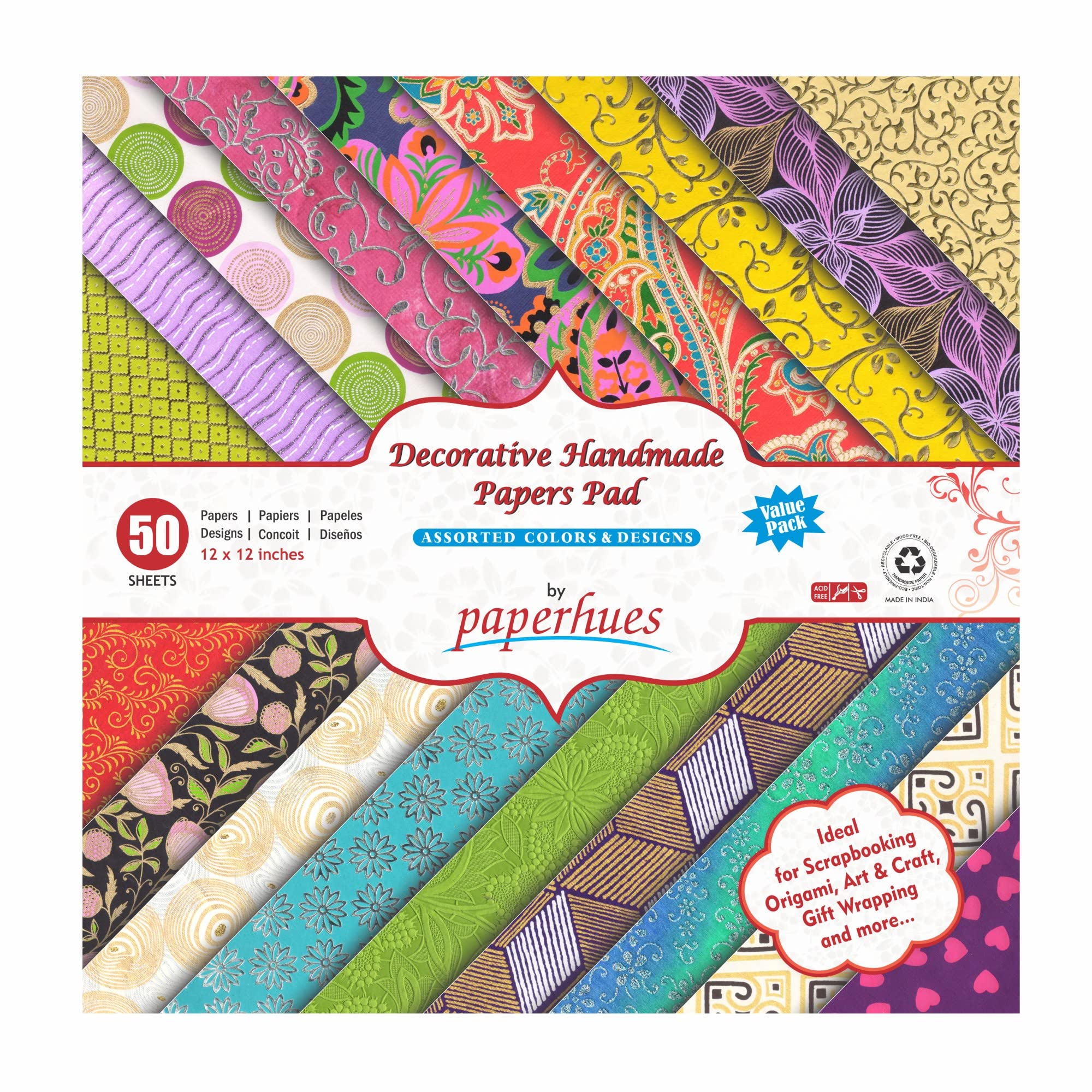 Paperhues Decorative Scrapbook Papers 30x30cm Pad, 50 Sheets, Assorted Colors. Forever Collection. Specialty Handmade Origami Papers for Gift Wrap, Scrapbooking, Greeting Cards, Covers, Art And Craft