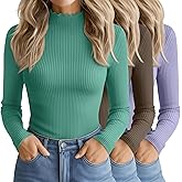 Oakgarden 3 Pack Women's Cotton Long Sleeve Mock Turtleneck Tops Ribbed Lettuce Trim Slim Fit Shirts Thermal Base Layer