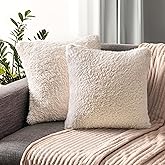 PAVILIA Fluffy Cream Ivory Throw Pillow Covers, Decorative Accent Pillow Cases for Bed Sofa Couch, Soft Faux Fur Cushion Cover, Square Sherpa Pillowcases, Home Room Decor, Beige, 18x18 Set of 2