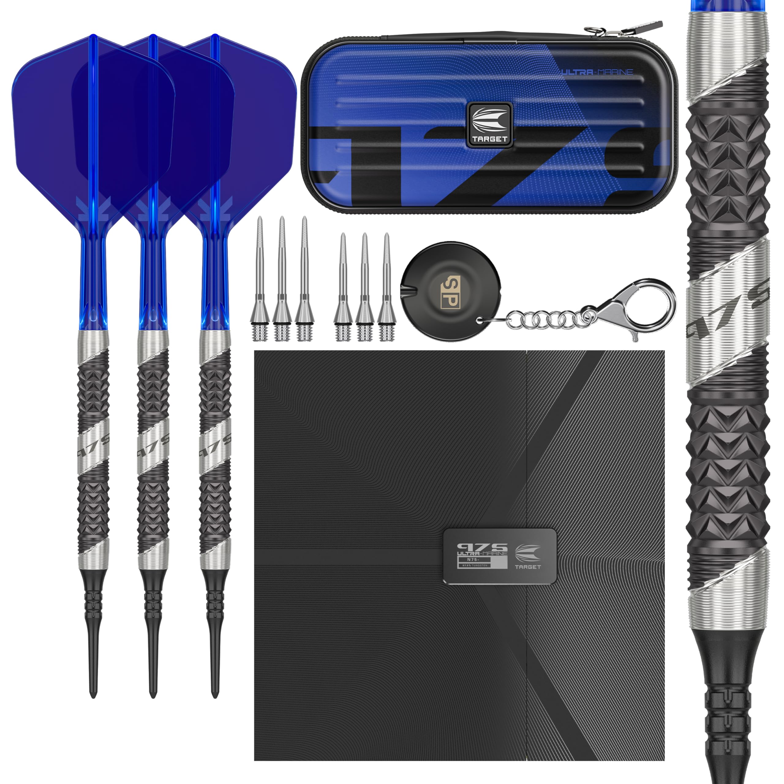 Target Darts 975 Ultra Marine 20G 97.5% Tungsten Soft Tip Darts Set with K-Flex