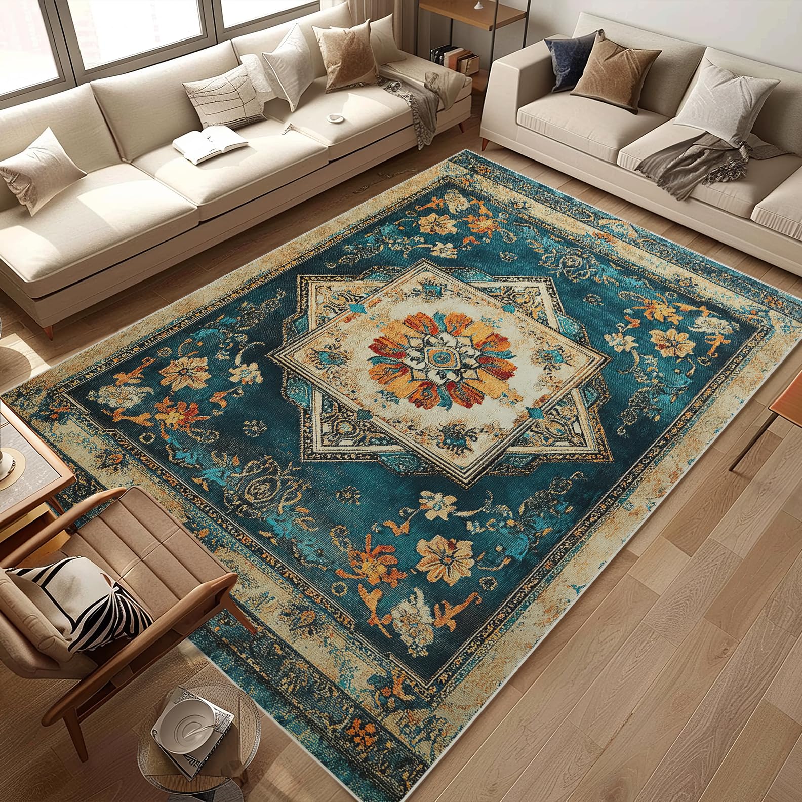 Photo 1 of Blue Boho Area Rug 8x10 Vintage Floral Large Carpet Machine Washable Door Mat Low Pile Indoor Outdoor Floor Rugs Flower Medallion Non Slip Rug for Living Room Bedroom Dinning Office Home 8'x10'