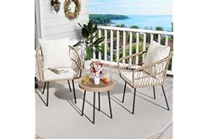 YITAHOME 3 Pieces Outdoor Wicker Patio Conversation Bistro Set, All-Weather Rattan Patio Furniture Set with Table & Cushions, Outdoor Sectional Sofa for Patio, Balcony, Backyard, Deck