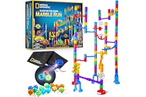 BLUE MARBLE National Geographic Glowing Marble Run – 115 Piece Construction Set with 25 Glow in The Dark Glass Marbles, Storage Bag, Great Creative STEM Toy for Girls and Boys