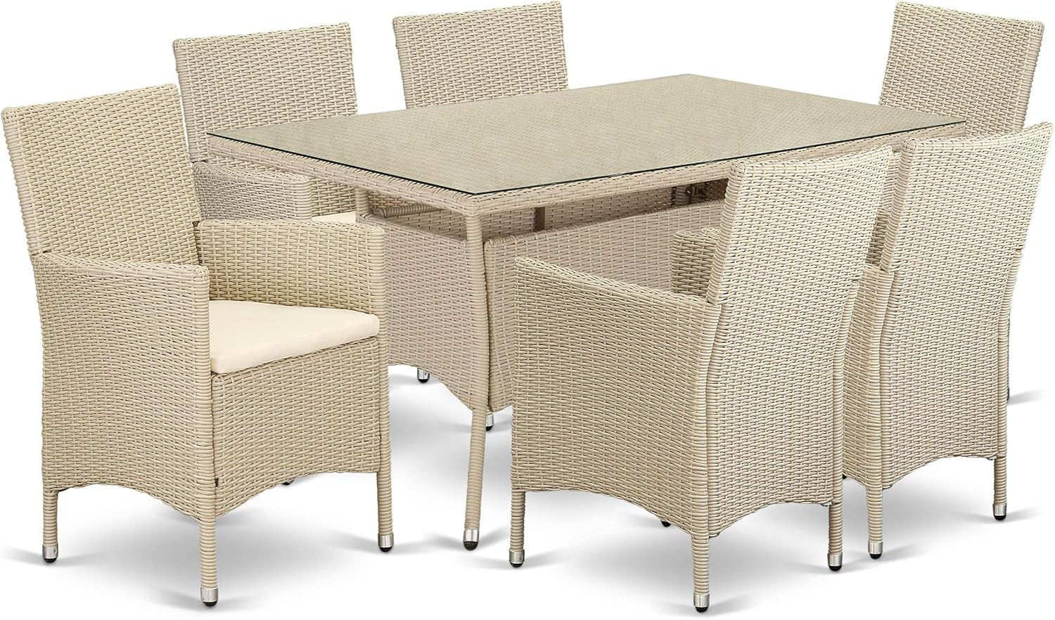 7 pc Patio Wicker Dining Set for 6 in Cream Finish: Furniture & Decor