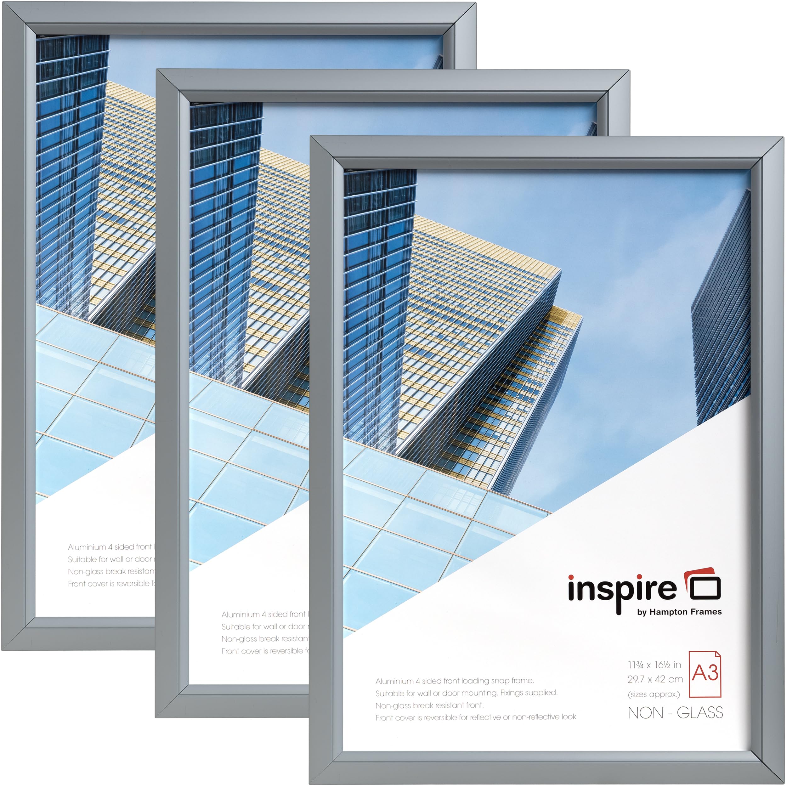 inspire by Hampton Frames Promote It A3 (30x42cm) Pack of 3 Silver Snap Frame Acrylic (Non Glass) Front IBH-PAPFA3B-3PK