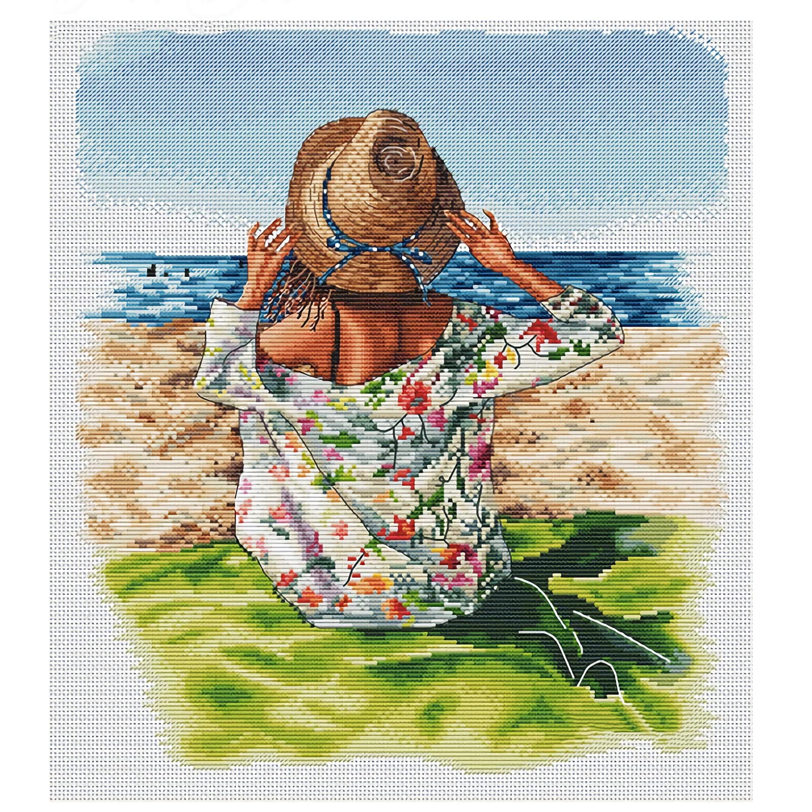 cukol cukol Girl Sit Beach Cross Stitch Kits for Adults, Easy Counted Pre Printed Stamped Cross Stitch Kits for Adults Beginners UK, 11ct 11 Count Modern Advanced Embroidery Crossstitch Set 46x51 cm