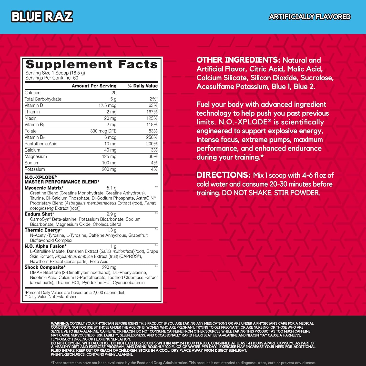 BSN N.O.-XPLODE Pre-Workout Supplement with Creatine, Beta-Alanine, and Energy, Flavor: Blue Raz, 60 Servings: Health & Personal Care