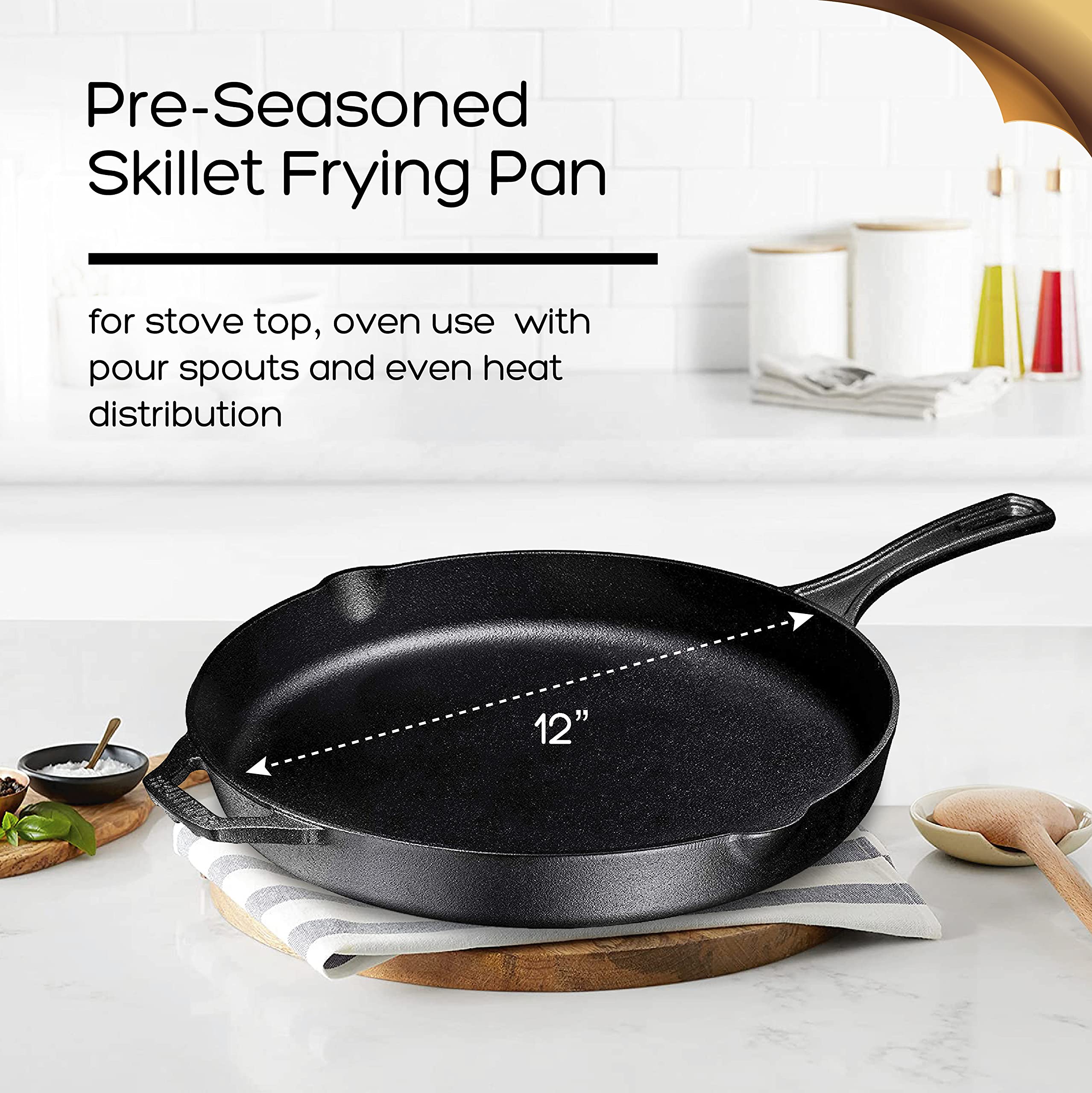 Bruntmor 12'' Black Pre-seasoned Cast Iron Frying Pan, 12 Inch Oven Safe Enameled Cast Iron Skillets | Cast Iron Skillets Grill Pan Set| Nonstick Cookware And Bakeware For Casserole Dish
