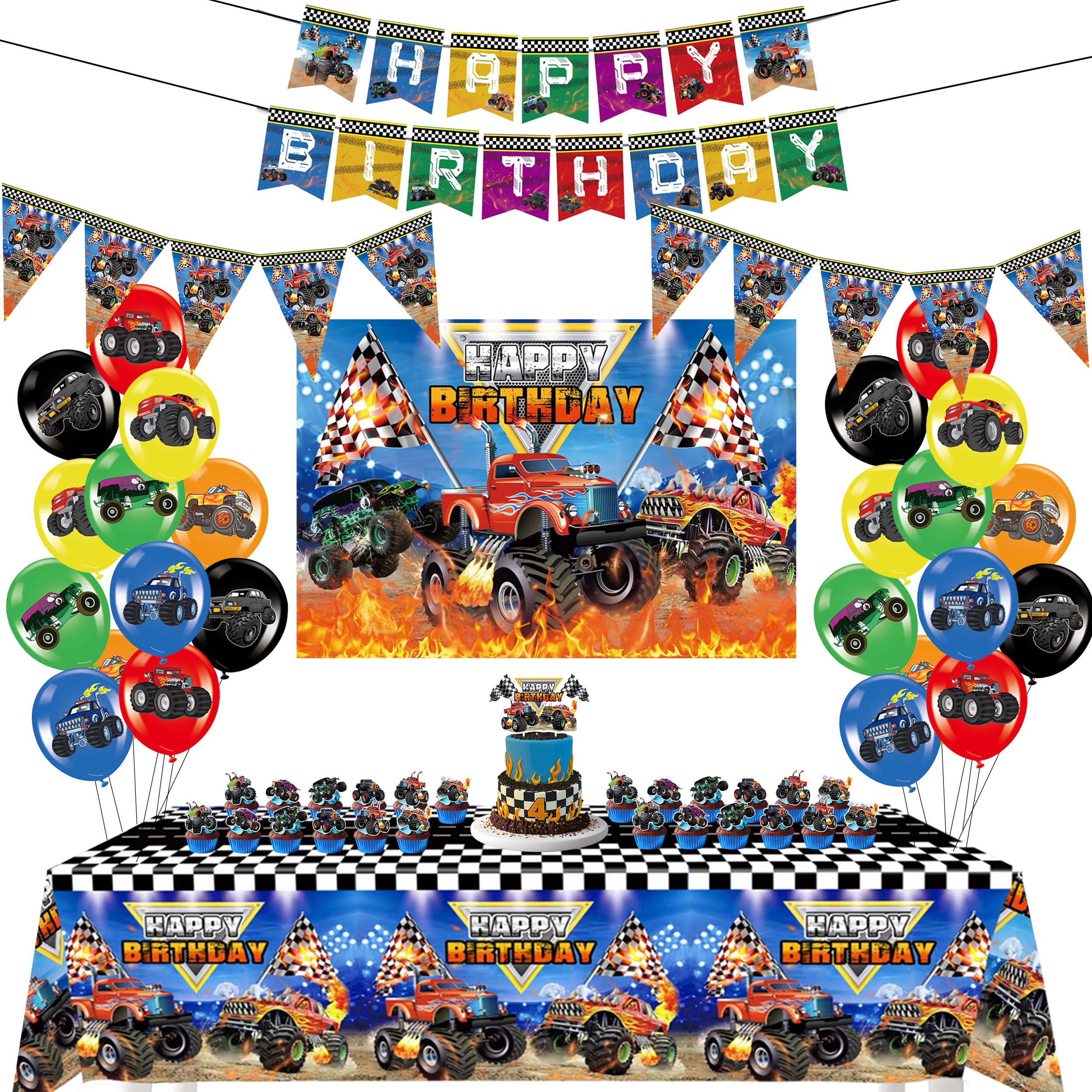 Photo 1 of Monster Truck Birthday Party Decorations, Hot Jam Monster Wheels Party Supplies, Boys 3rd 4th 5th Birthday, Monster Truck Decor, Balloons, Banner, Backdrop, Cup Cake Toppers, Tablecloth