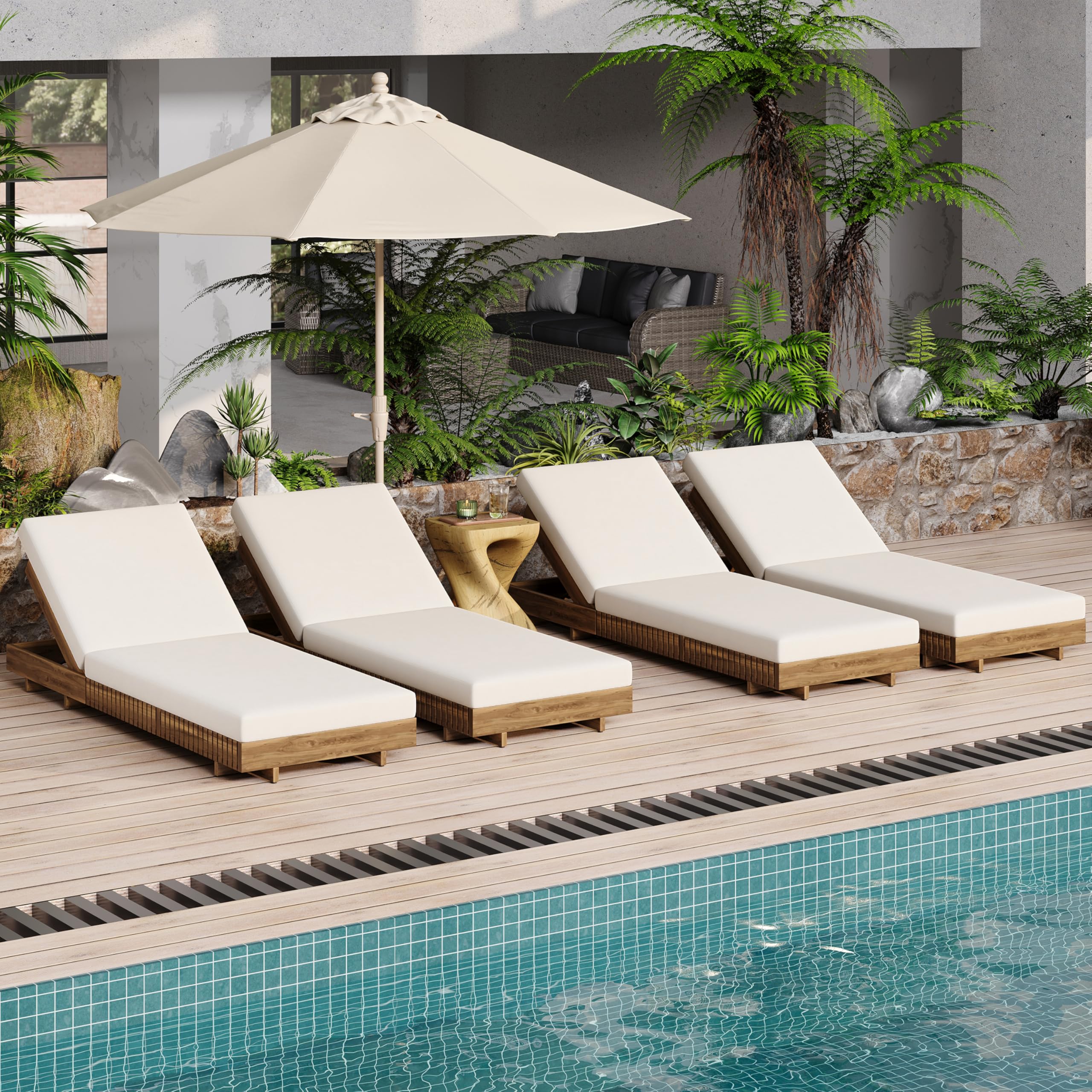 View 1 of *** ONE CHAIR*** Merax 1-Piece Acacia Wood Chaise Lounge Set w/ 6-Position Adjustable Backrest & Cushion - Outdoor Patio Poolside Furniture, Beige