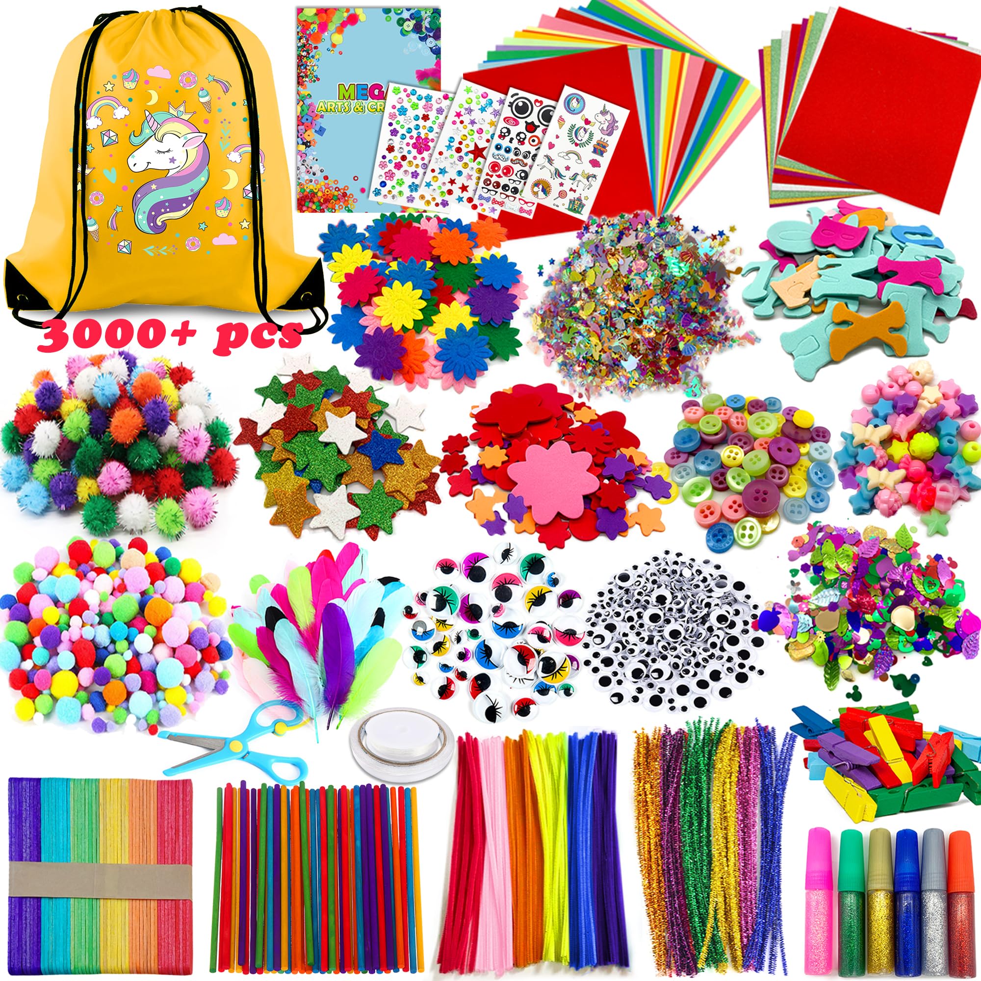 Chennyfun 3000pcs+ Arts and Crafts Supplies for Kids, Craft Art Kits for Toddlers with Unicorn Storage Bag, All in One D.I.Y. Crafting Set Includes Pom Poms, Feathers, Beads, Supply for Kids Ages 4-12