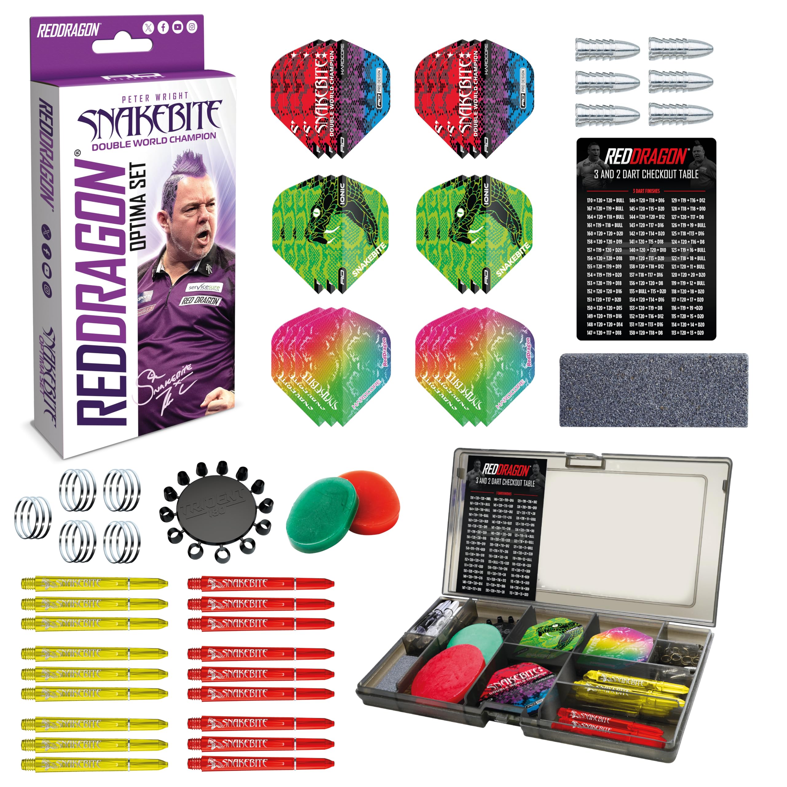 RED DRAGON Darts–Peter Wright - Snakebite Optima Multi Accessory Pack–Professional Darts Kit with Dart Flights, Shafts, Flight Savers, Checkout Card & Storage Case For Darts Accessories