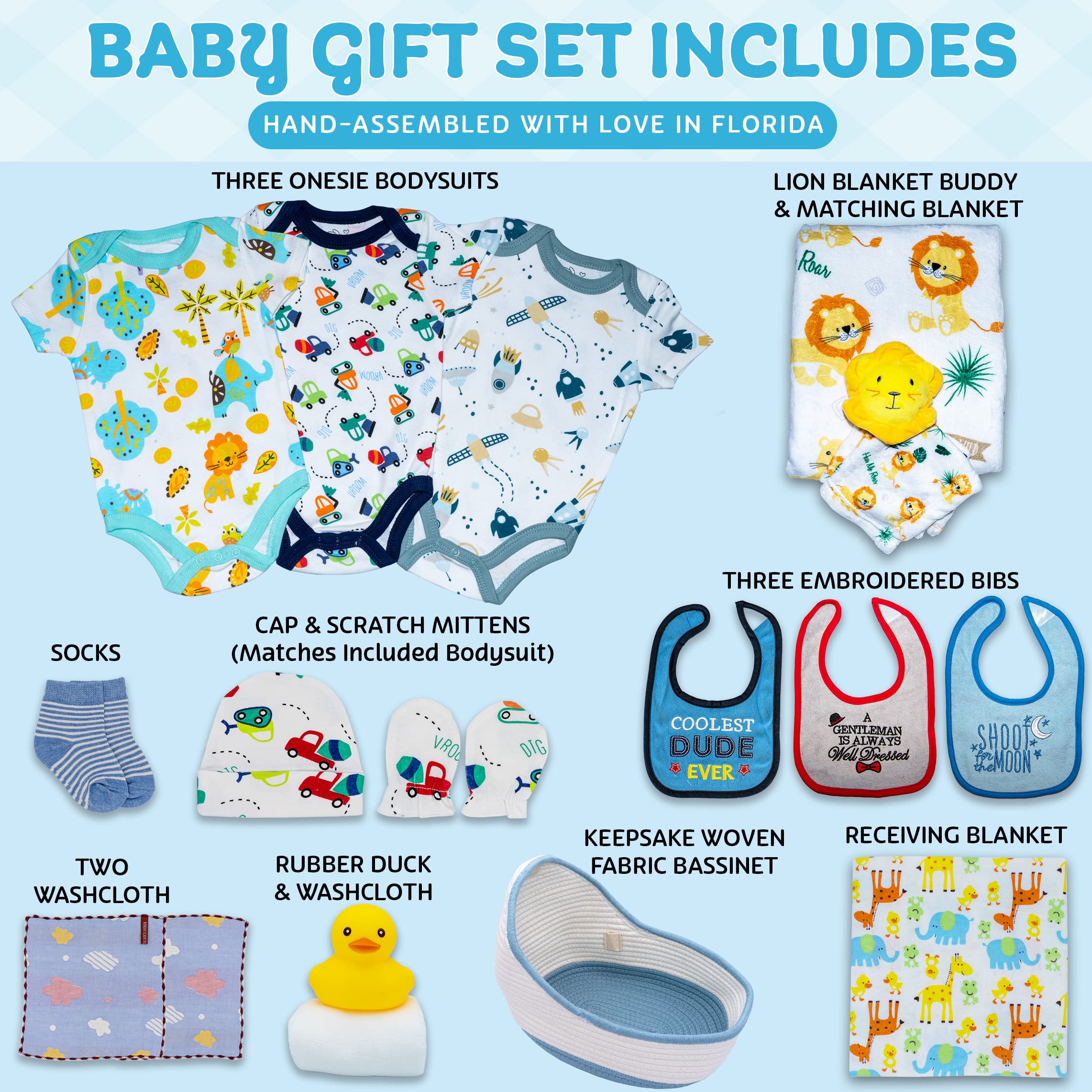 Bassinet New Baby Boy Gift Set, Baby Layette Set with 17-Piece Unique New Baby Essentials for Expecting Moms and New Parents, Blue - Nikki’s Gift Baskets