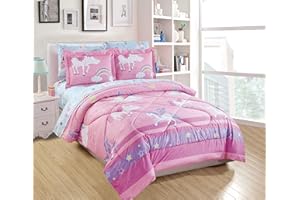Luxury Home Collection 5 Piece Twin Size Comforter Set For Girls/Teens Unicorn Castle Rainbow Clouds Moon Shining Stars Blue Pink Purple Yellow