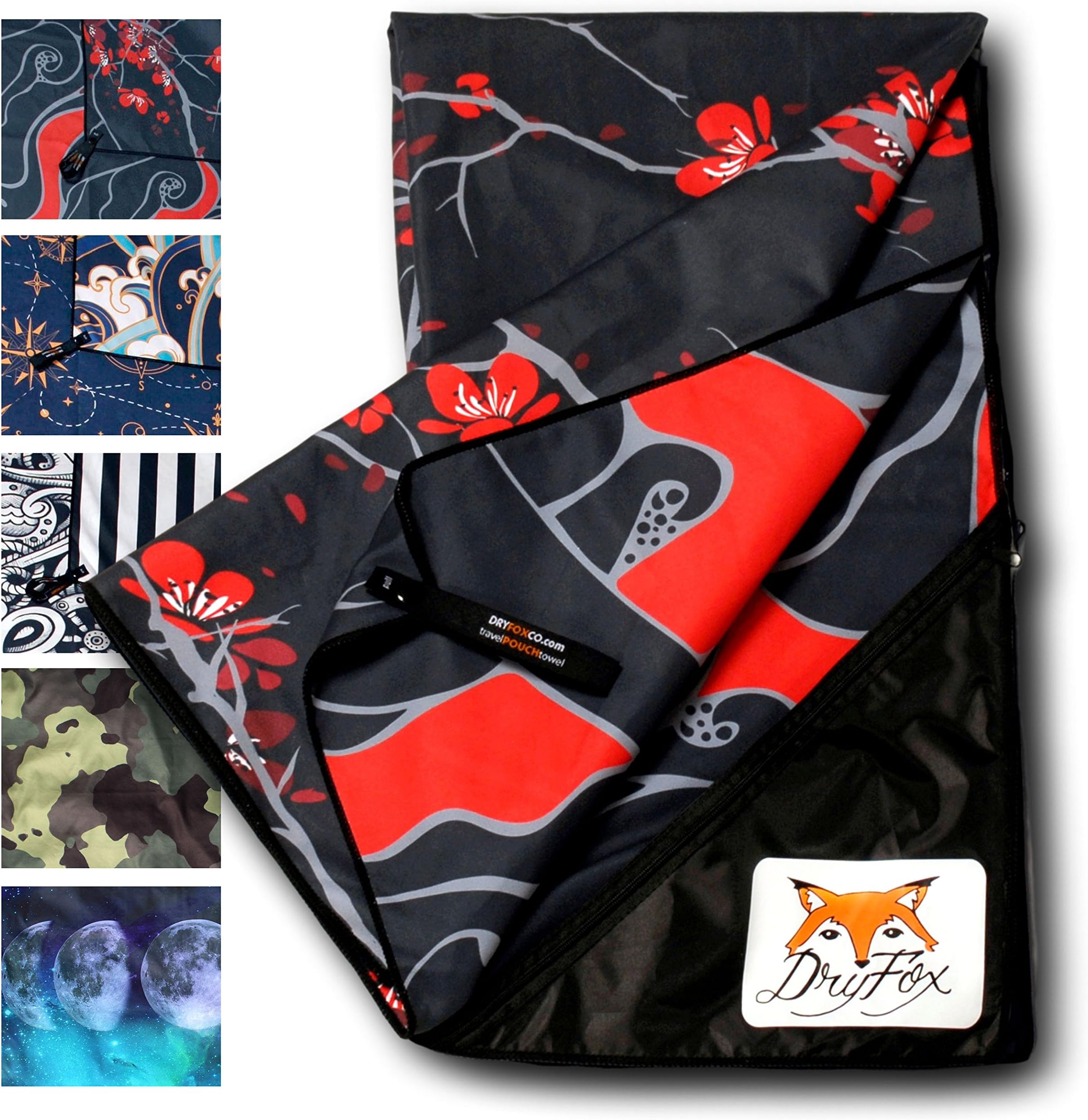 DryFoxCo Quick-Dry Compact Travel Towel with Water-Resistant Zip Pocket for Valuables- Sand-Free, Lightweight, XL Size, Reversible, Soft- Beach, Camping, Swim, Sports