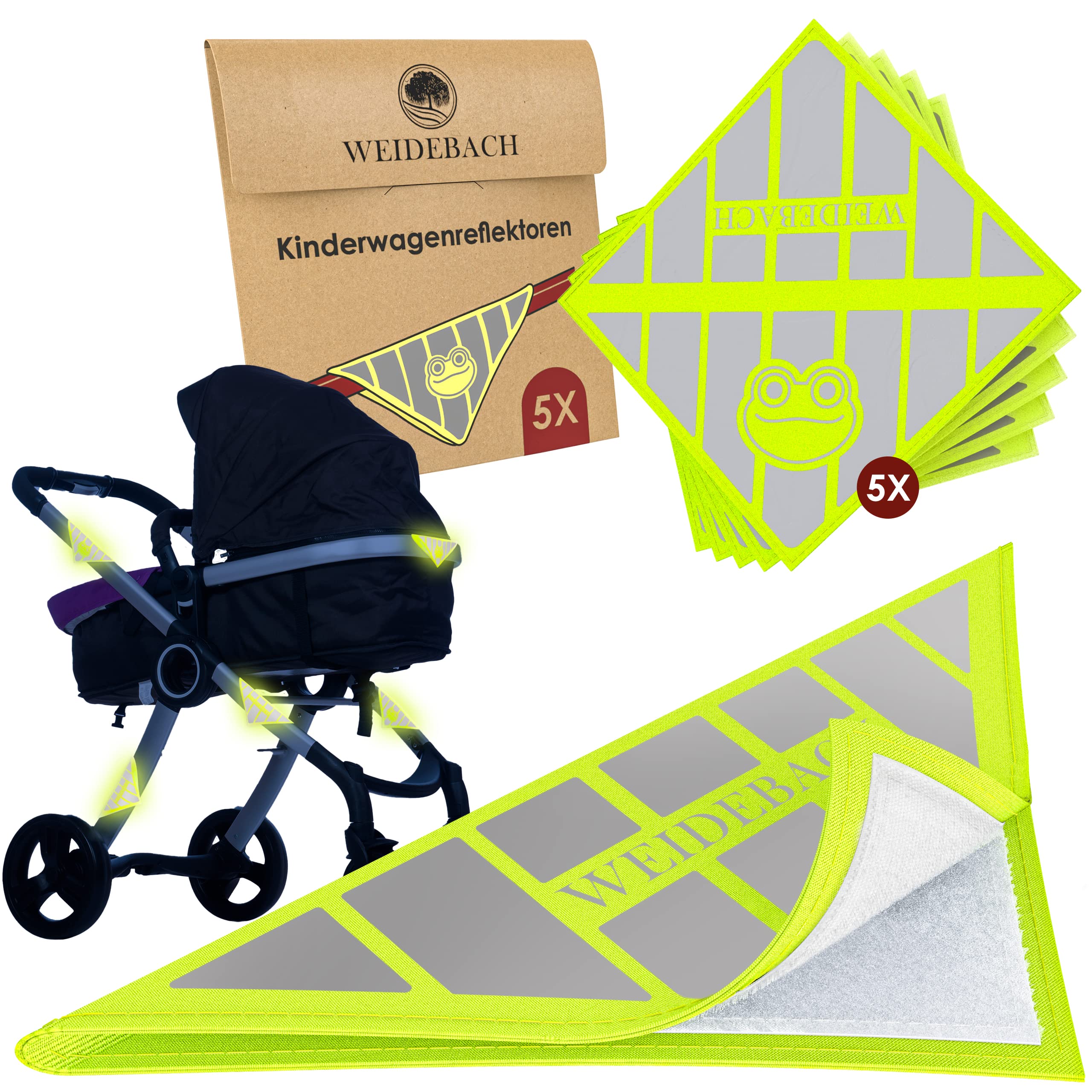 WEIDEBACH® 5X Highly Reflective pram reflectors with Funny Frog Print, Reflective Stickers Velcro Fastener for Universal use, Maximum Safety in the Dark with Bikes Stickers
